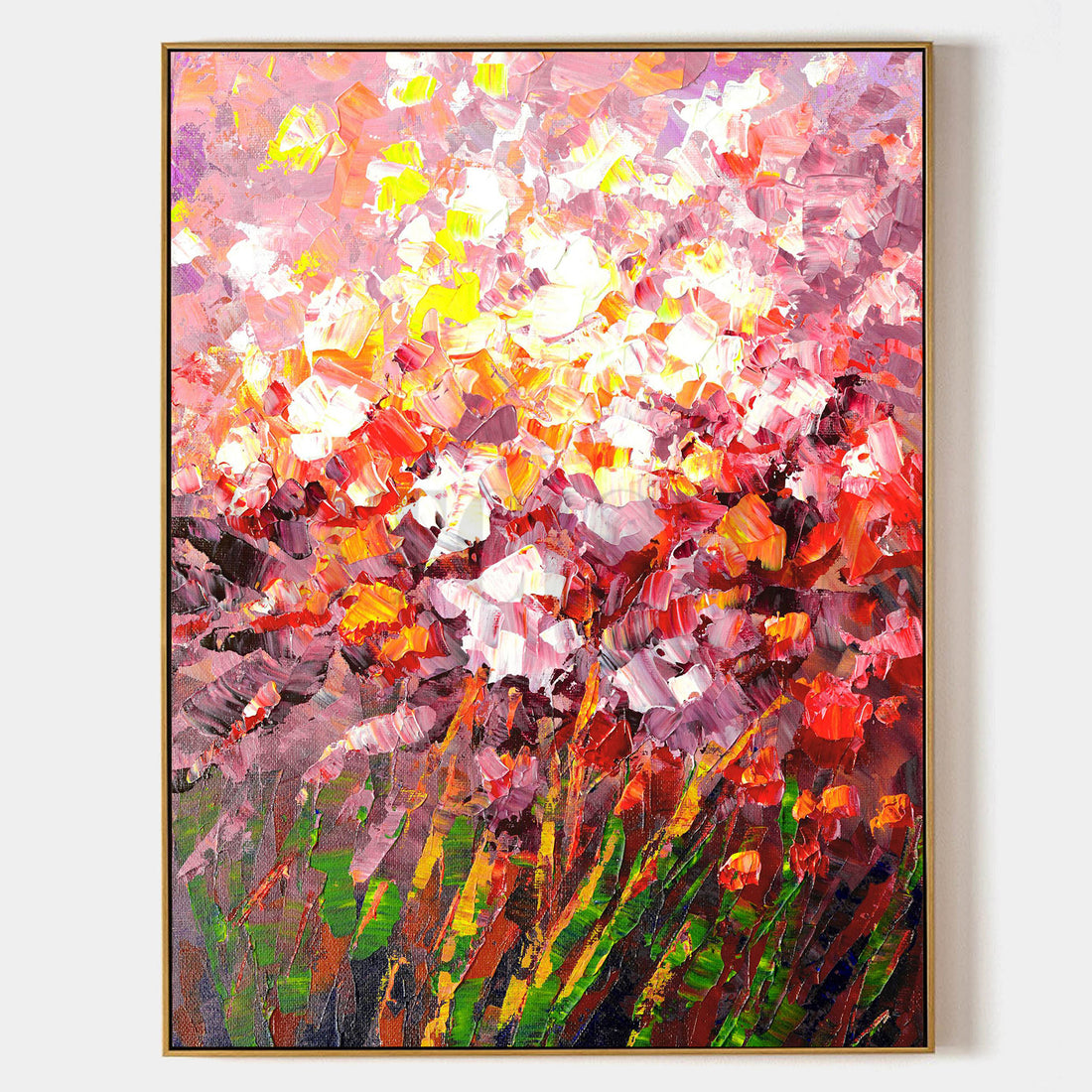 a painting of a field of flowers on a wall