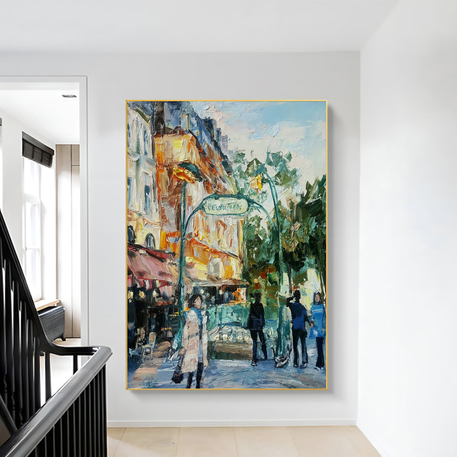 a painting of people walking down a street