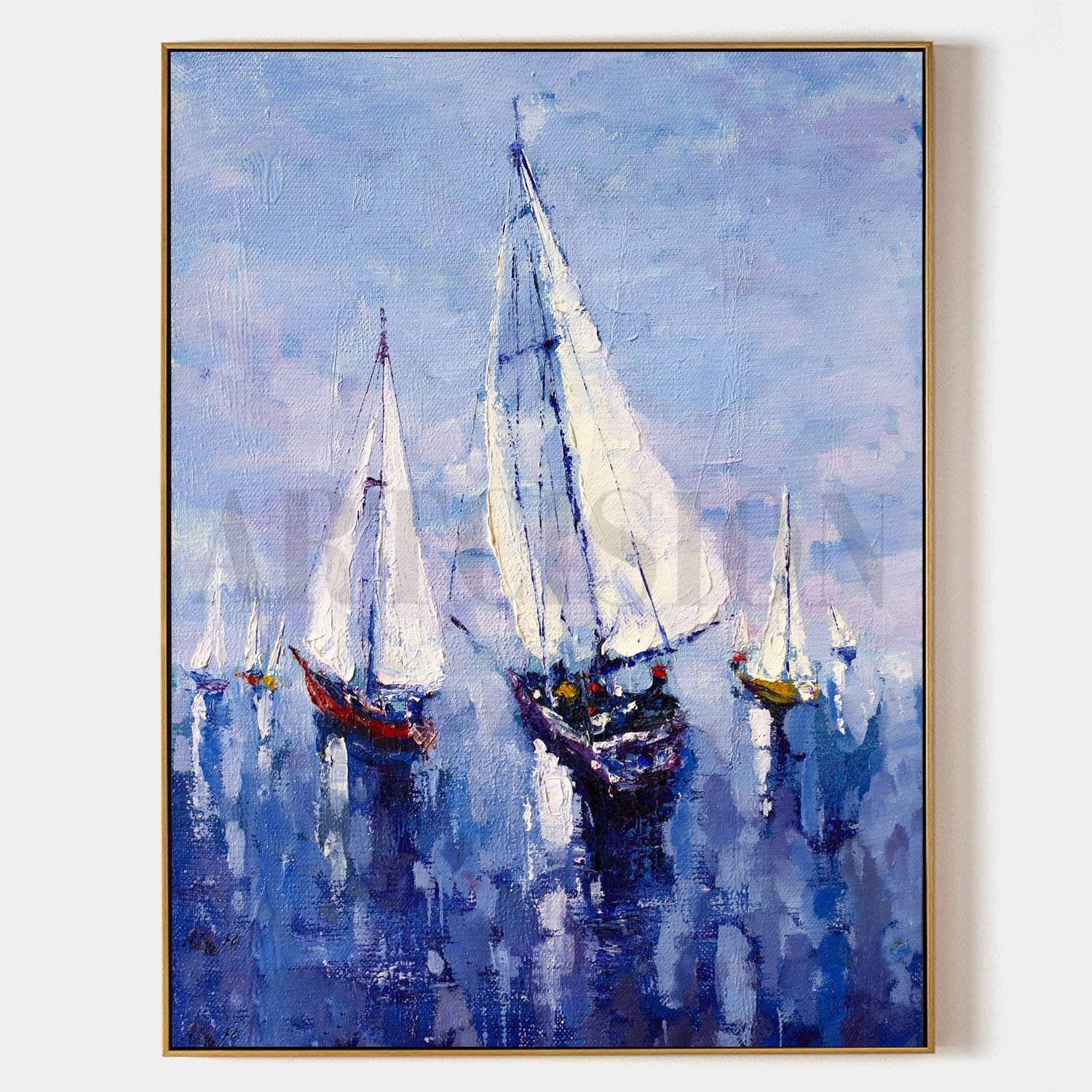 a painting of sailboats floating in the ocean