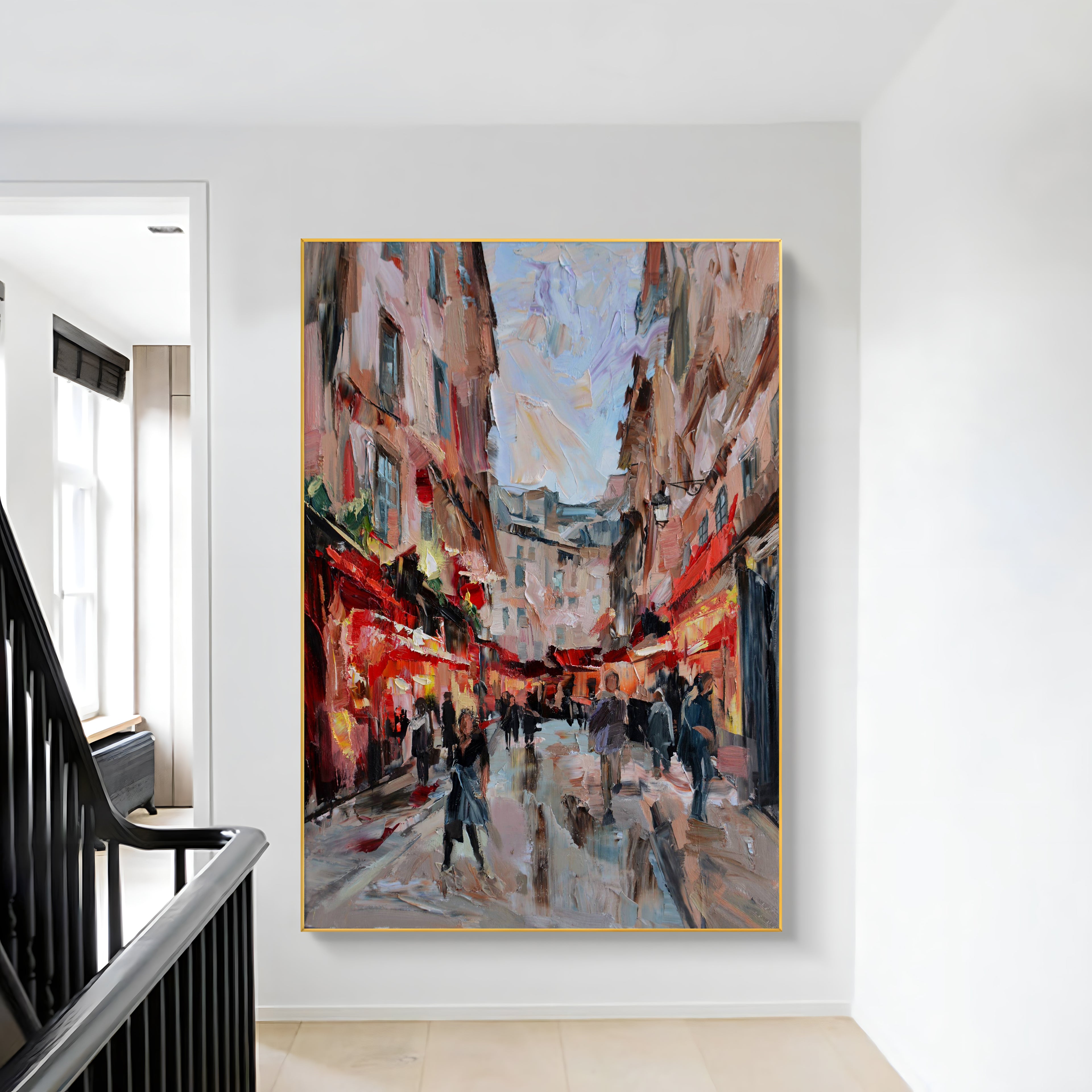 a painting of people walking down a city street