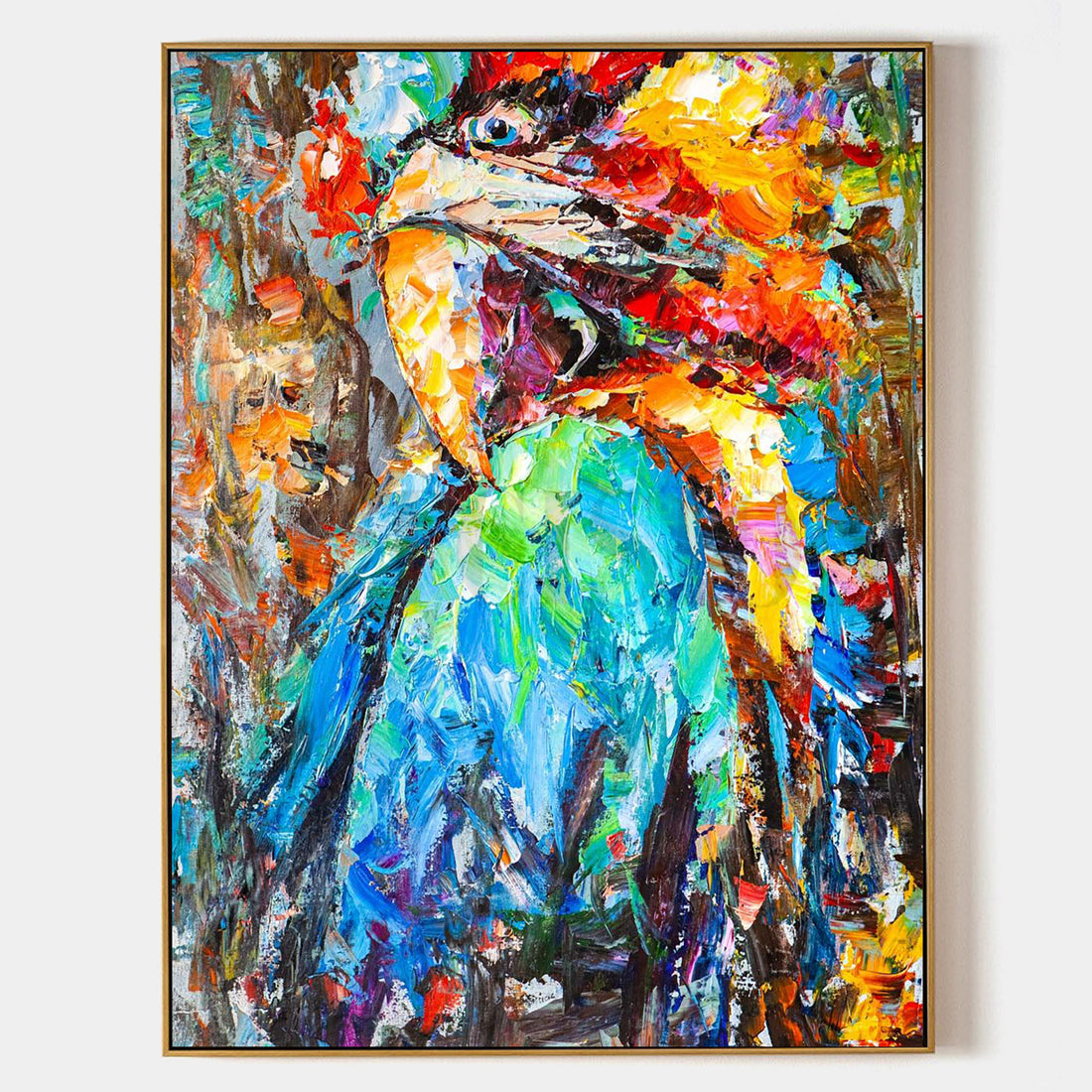 a painting of a colorful bird on a white wall