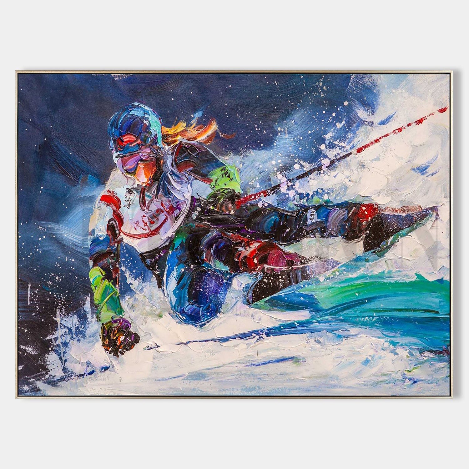 a painting of a person skiing down a mountain