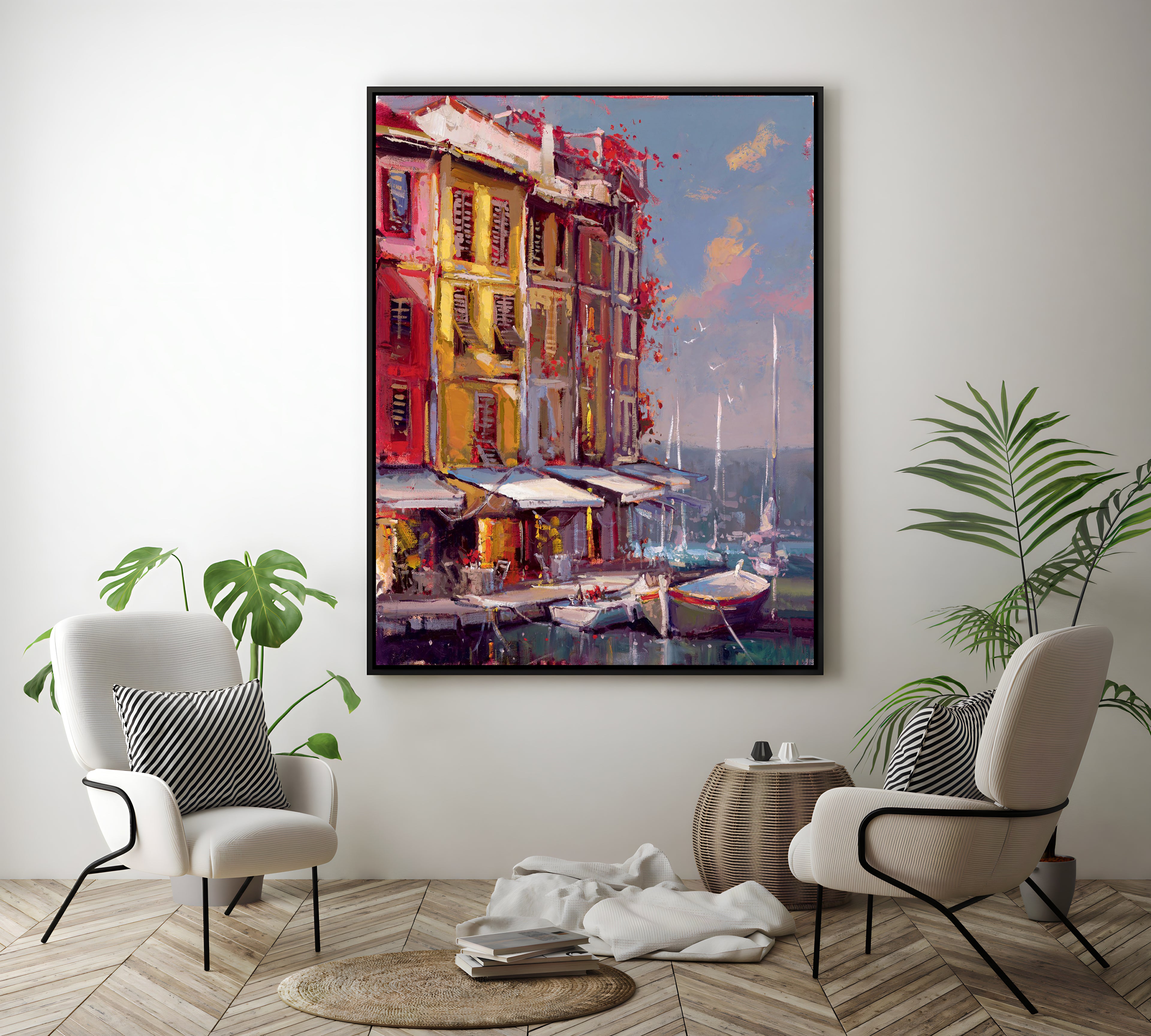 a painting of boats in a harbor next to a building