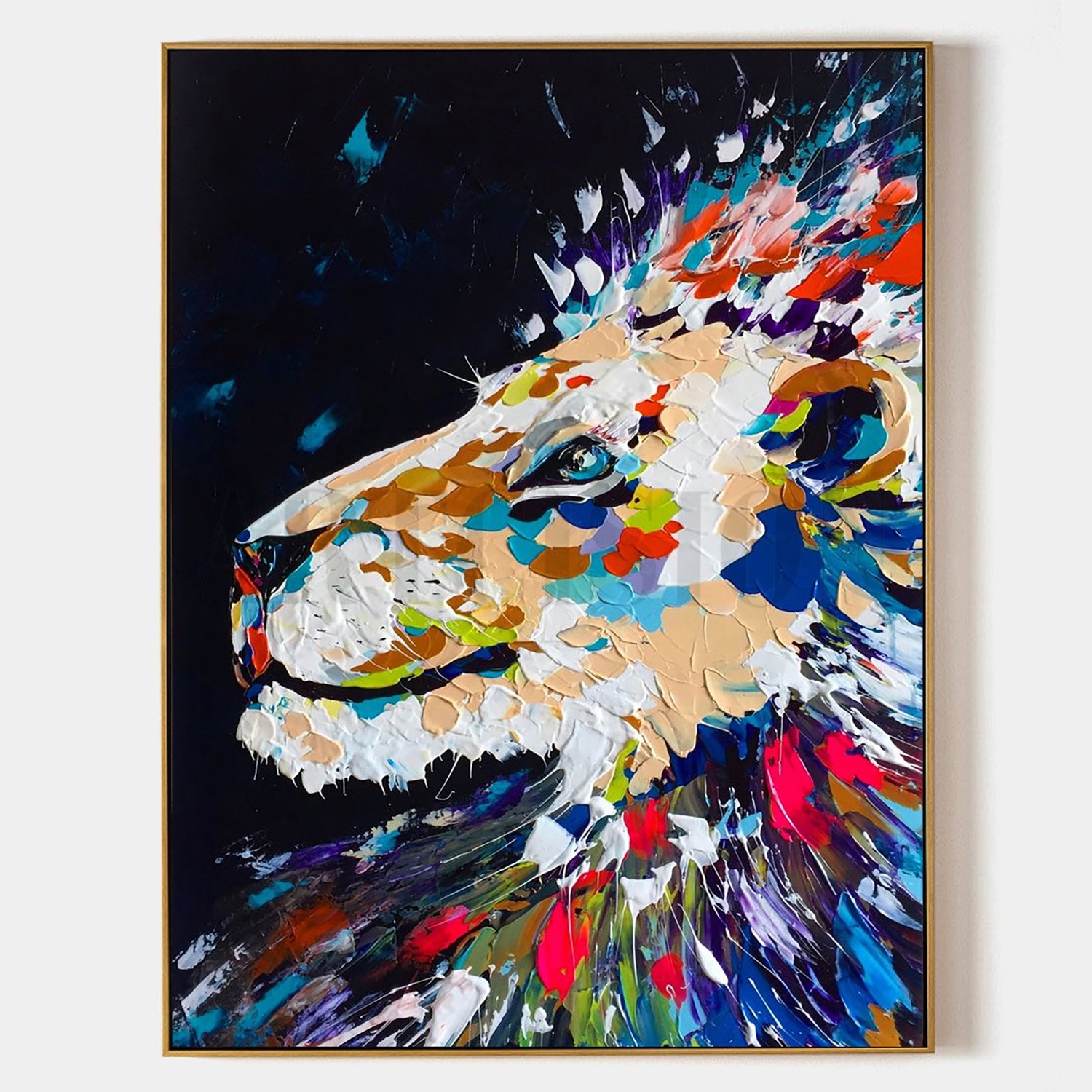 a painting of a lion on a black background