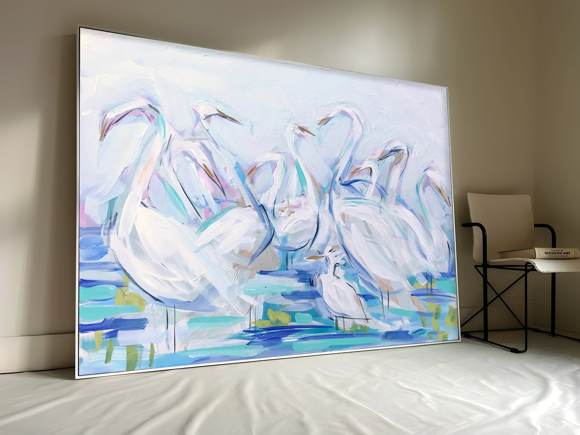 a painting of a group of white birds