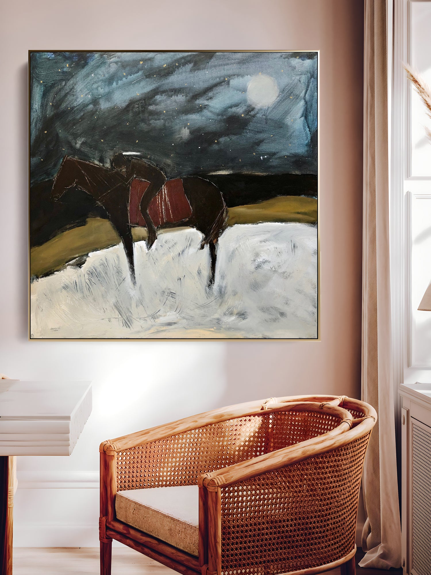 a painting of two horses in a snowy field