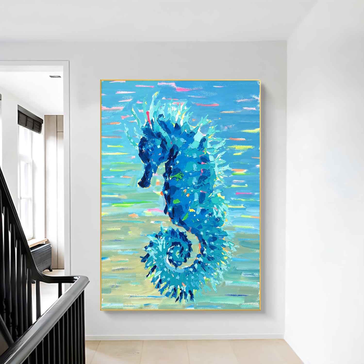 a painting of a blue sea horse on a white wall