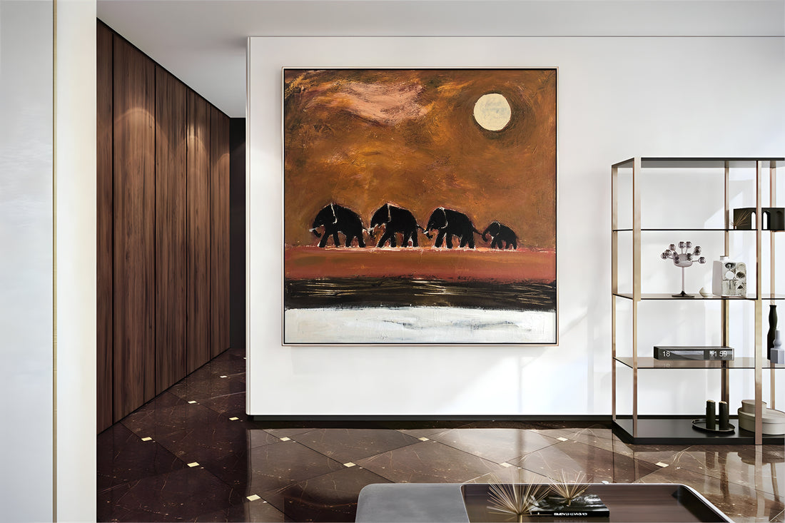 a painting of three elephants in a room