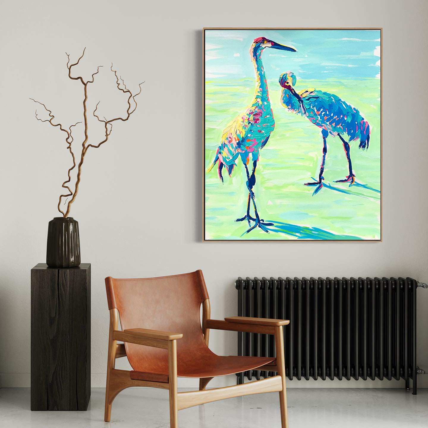 a painting of two birds standing next to each other