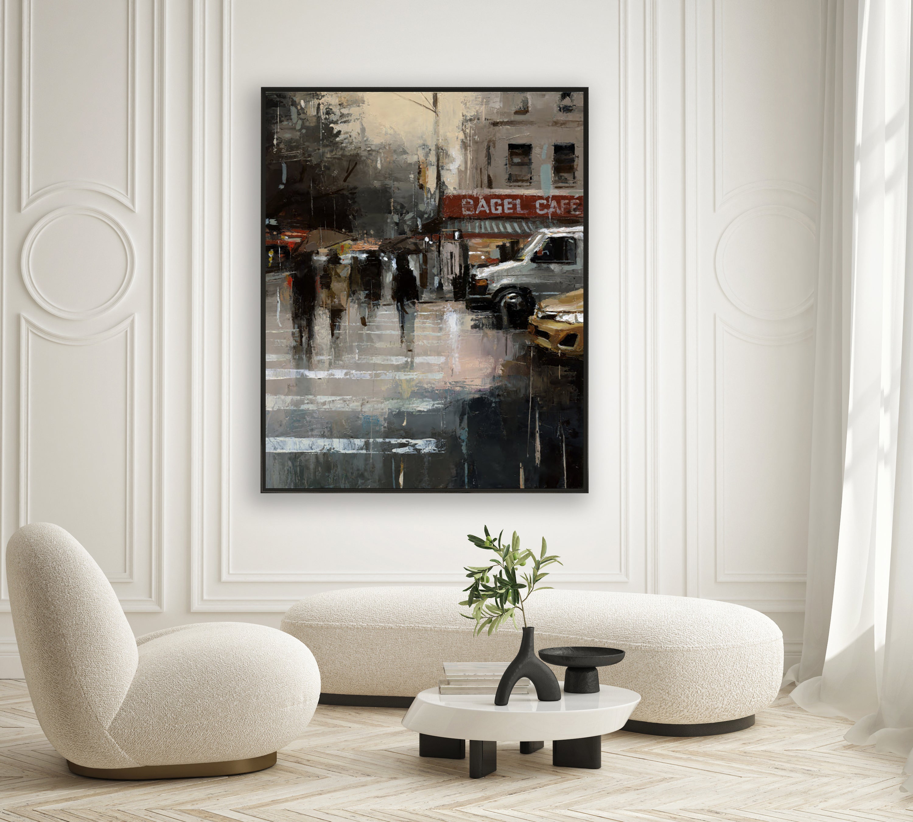 a painting of people walking in the rain