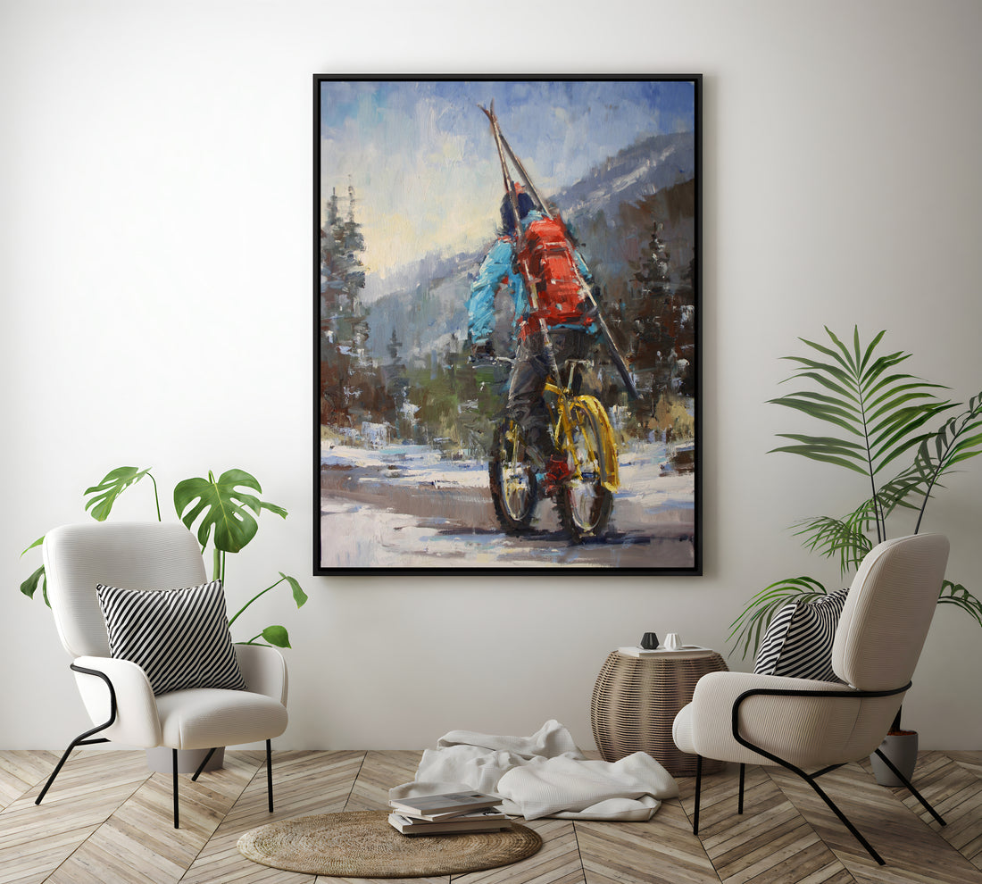 a painting of a man riding a bike in the snow