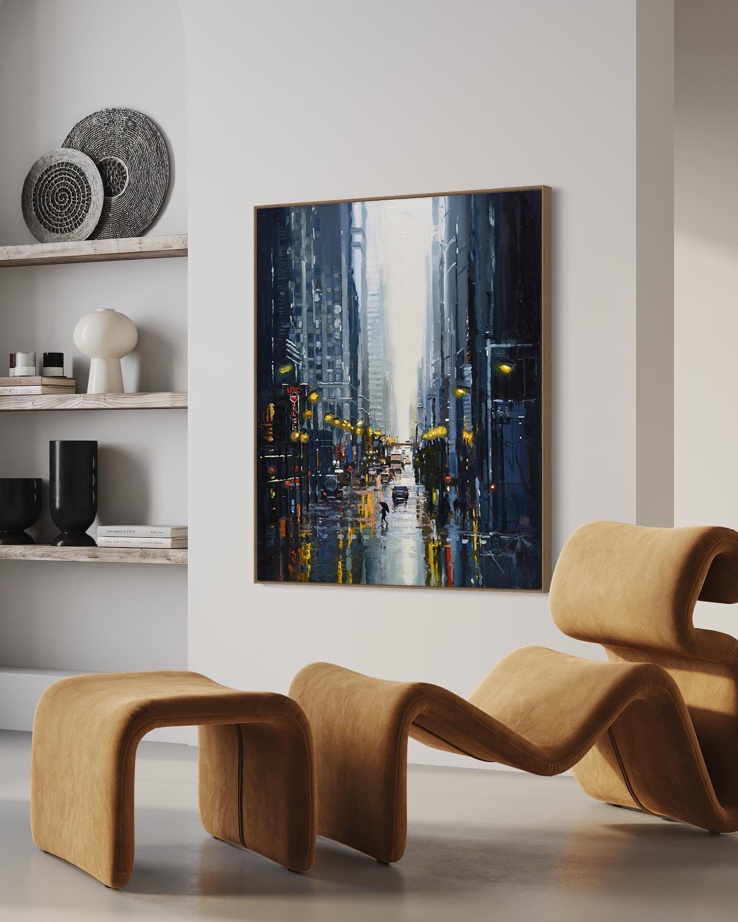 a painting of a city street with people walking down the street