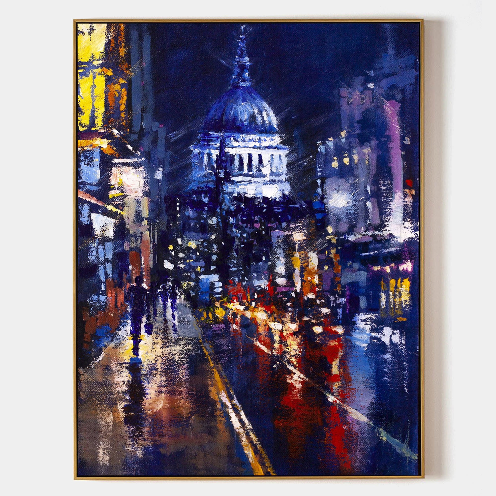 a painting of a city street at night