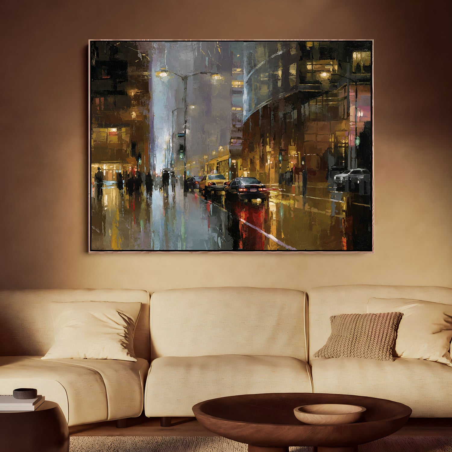 a painting of a city street at night