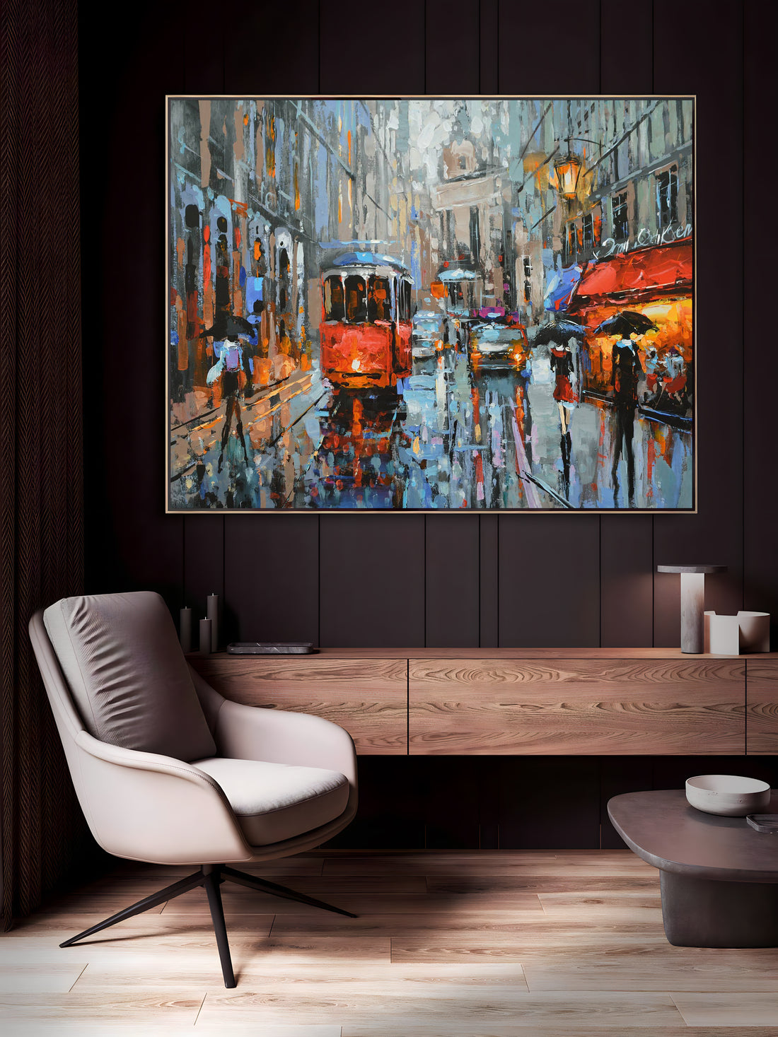 a painting of a city street filled with traffic