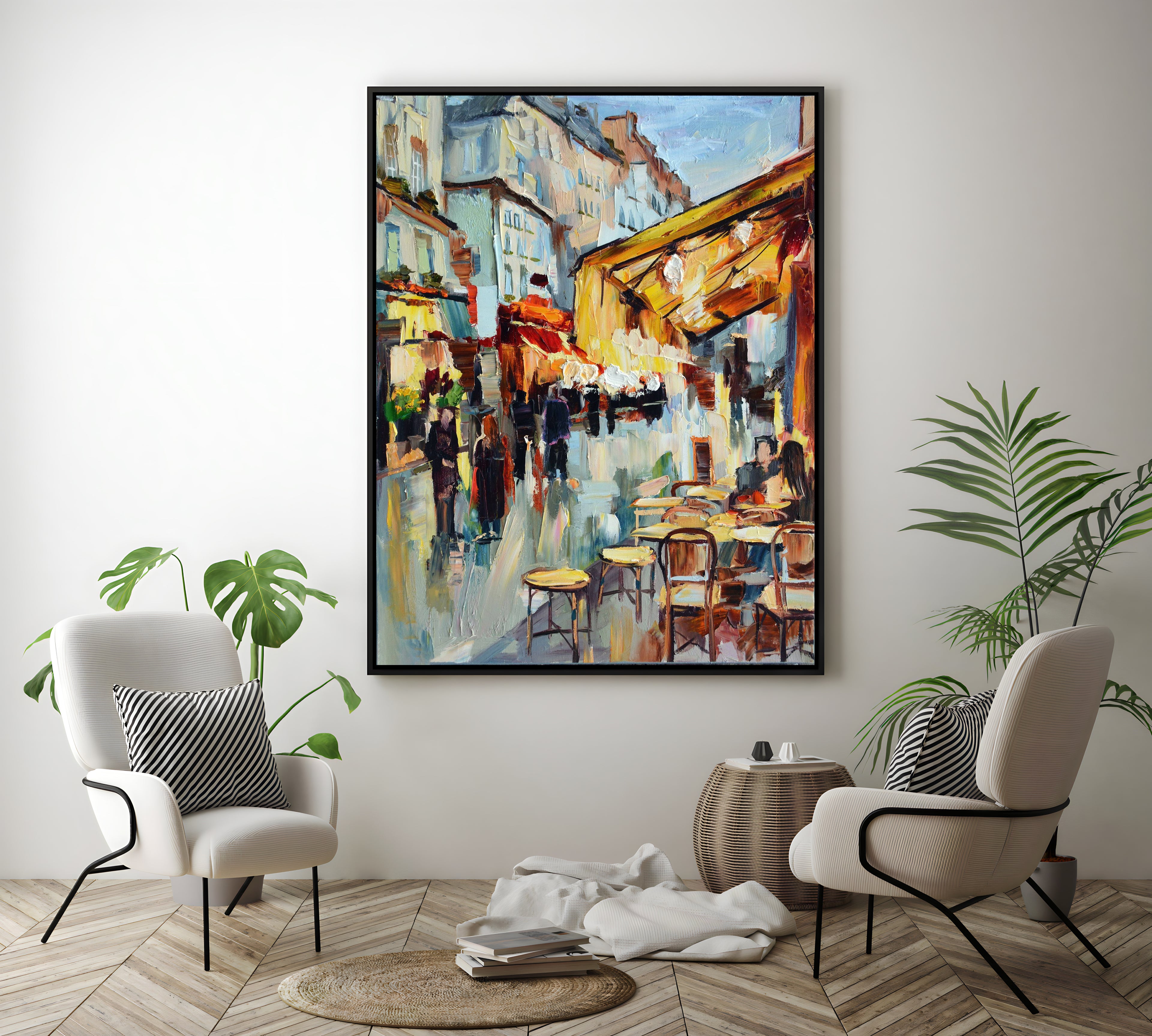 a painting of a city street with people walking