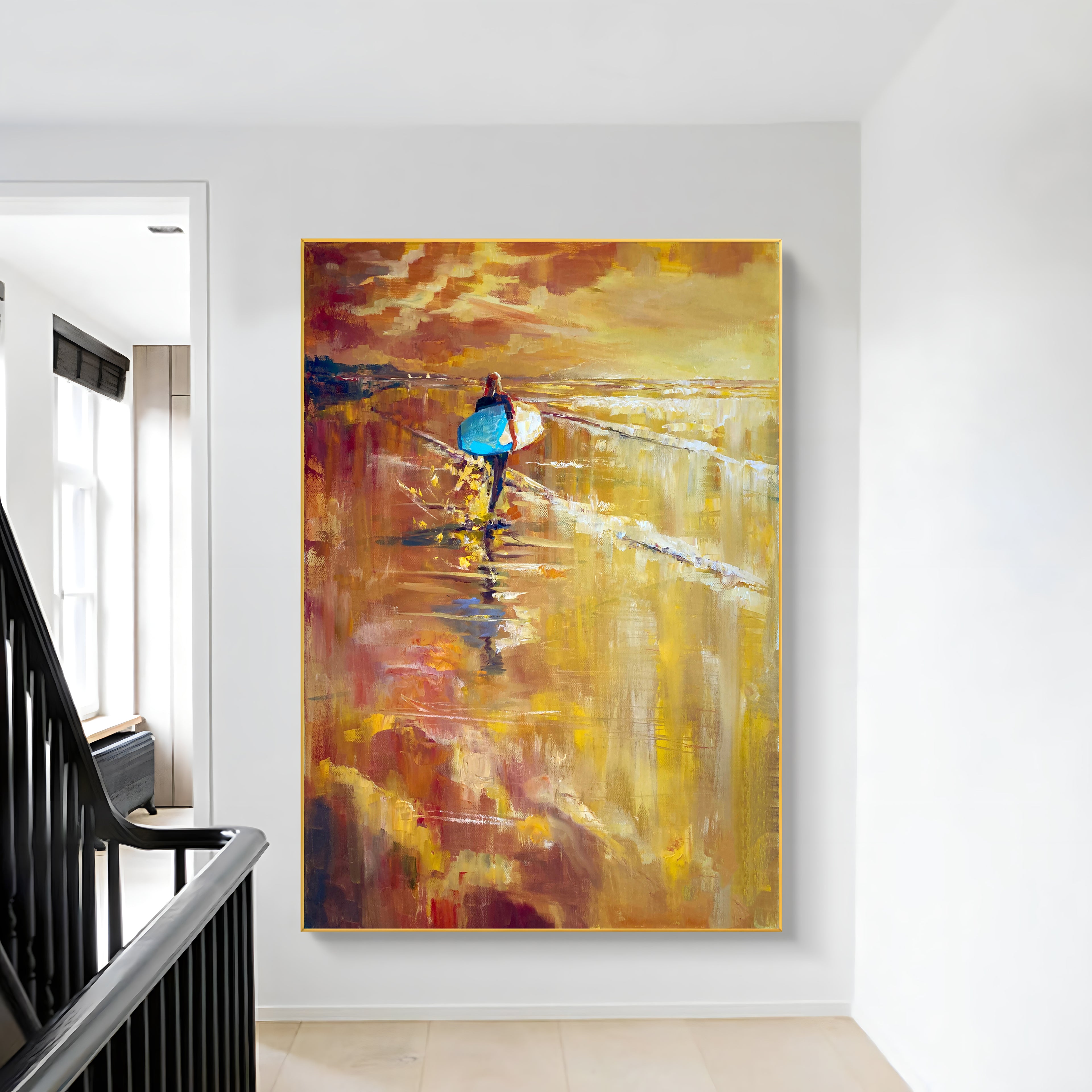 a painting of a person holding a surfboard in a hallway