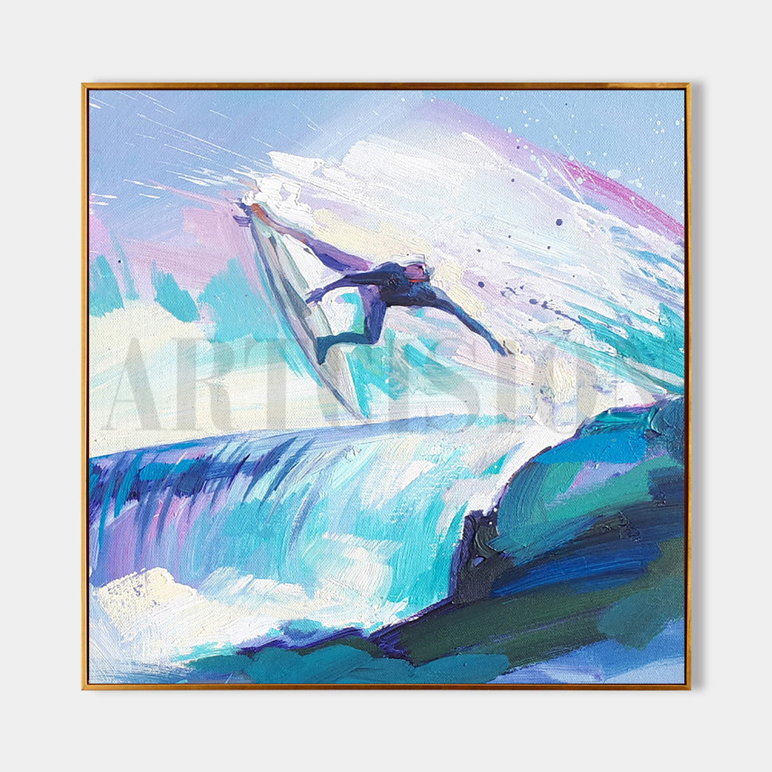 a painting of a surfer riding a wave