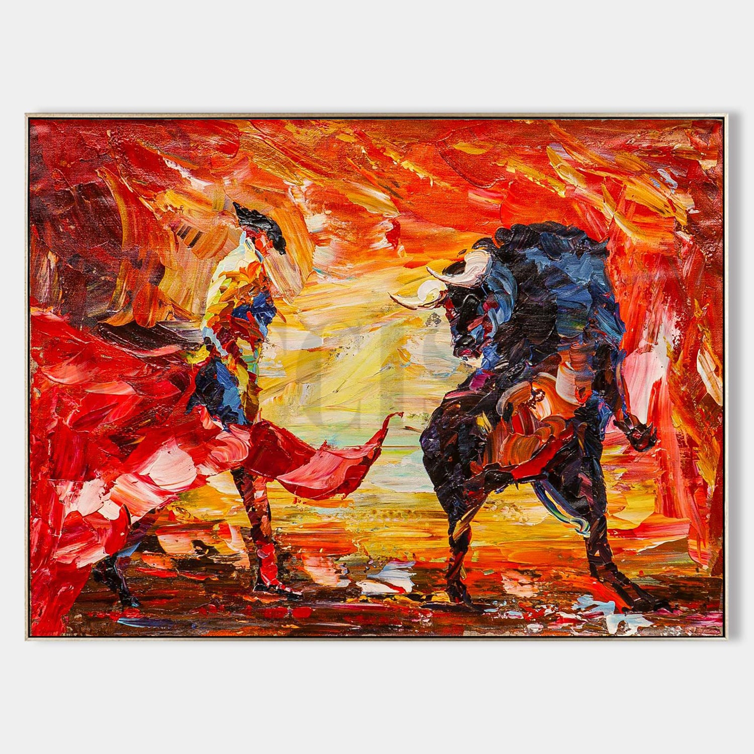 a painting of a bull and a bullfighter