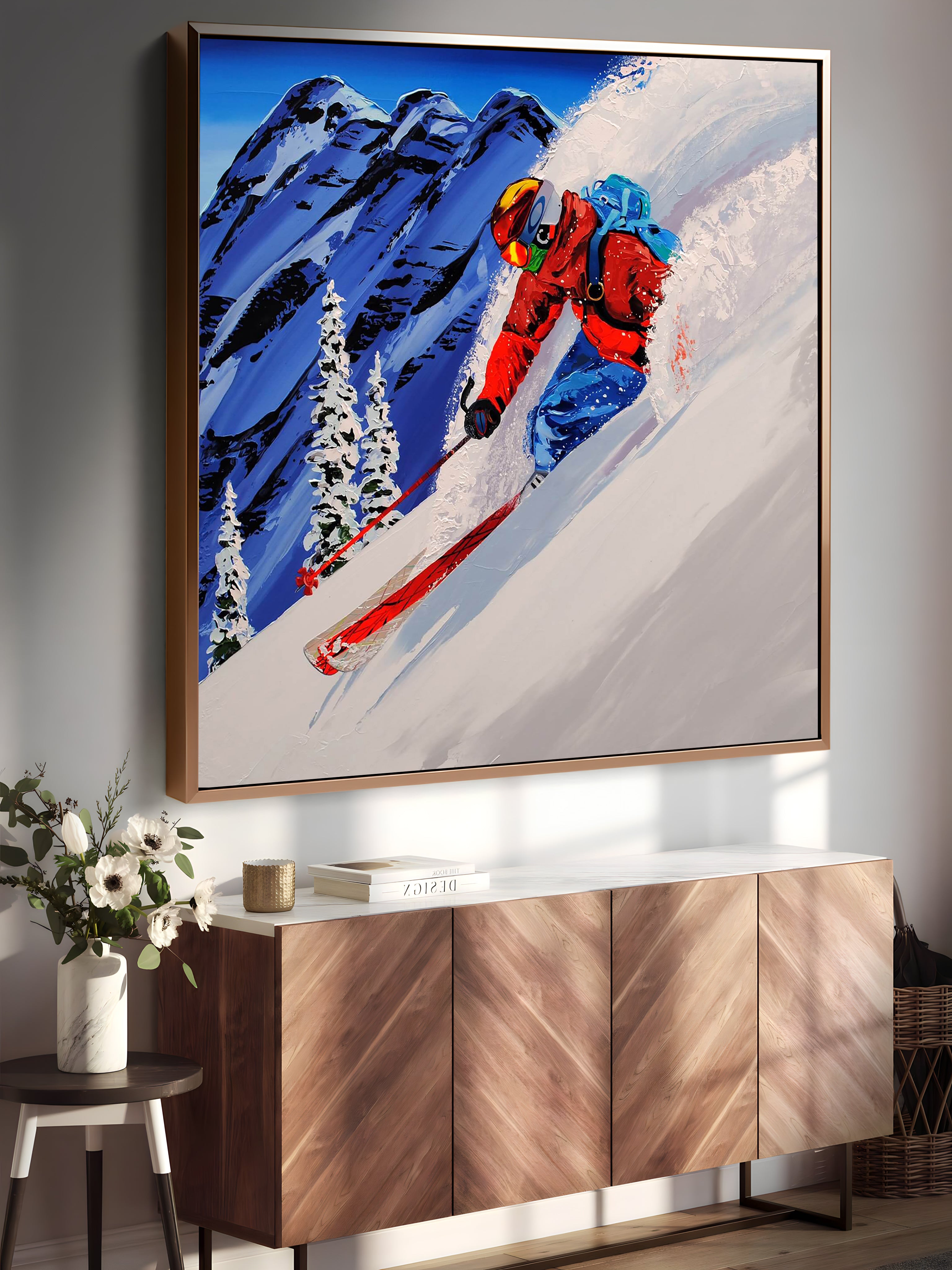 a painting of a person skiing on a mountain