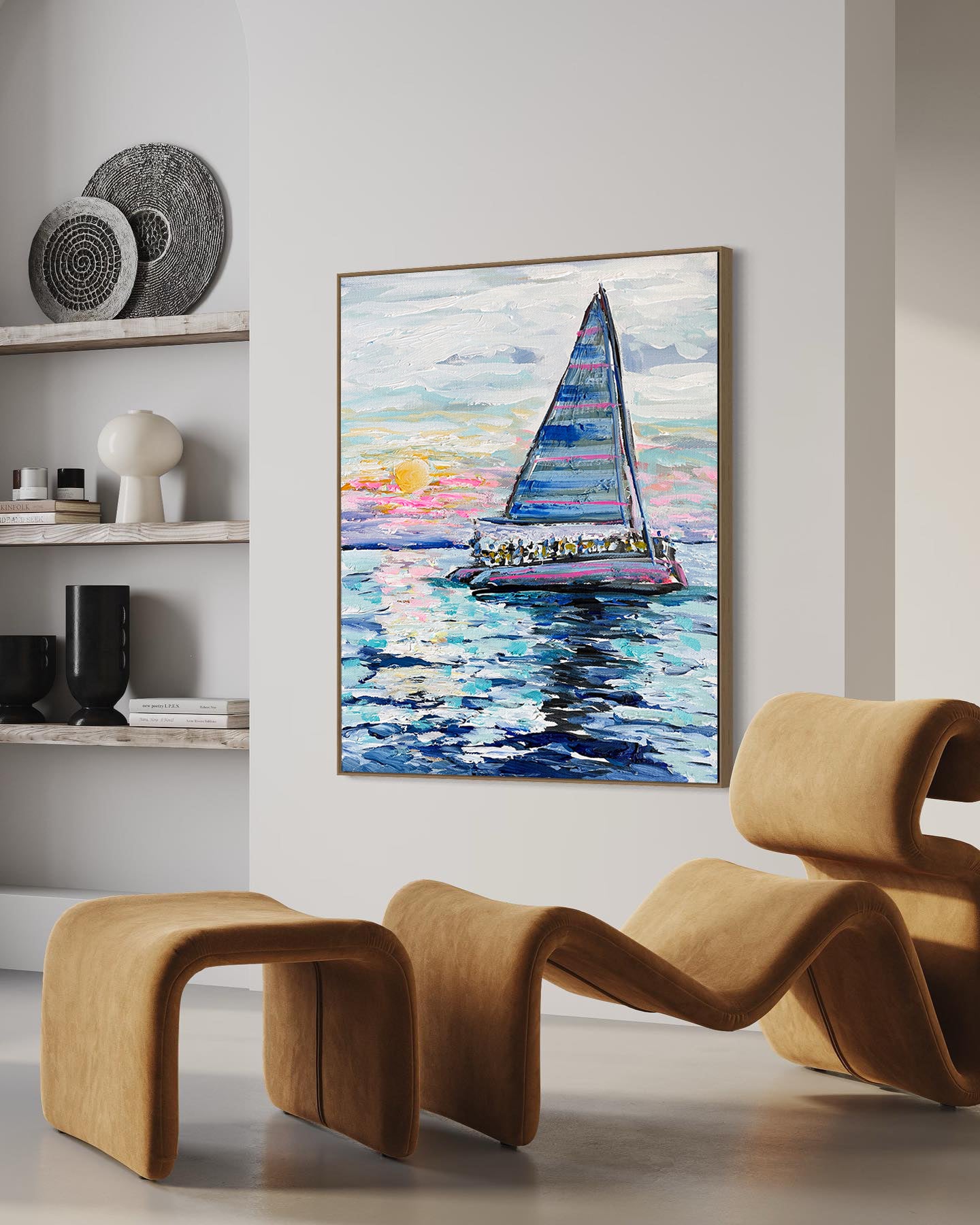 a painting of a sailboat on the water