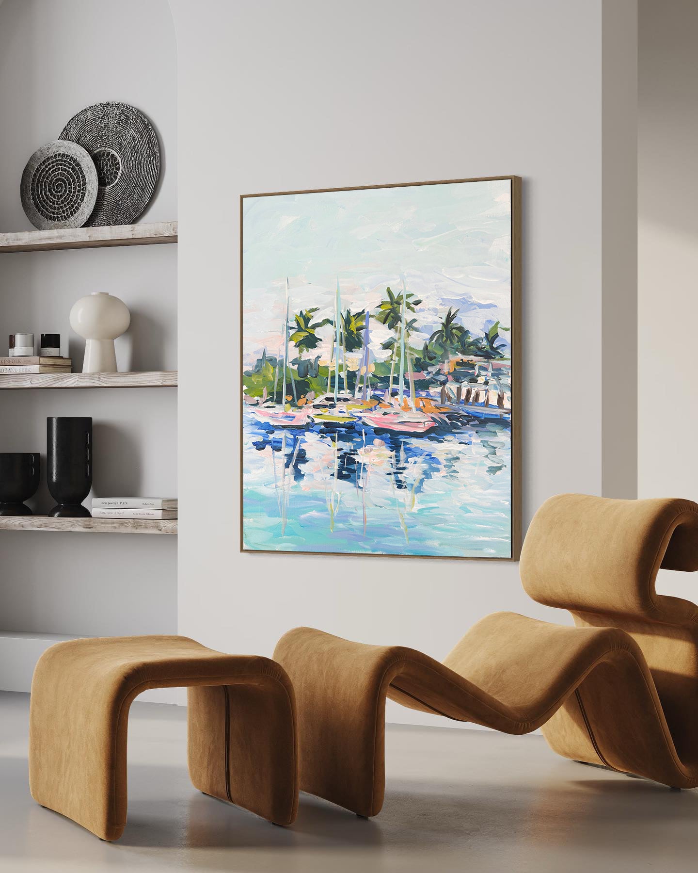 a living room with a painting on the wall