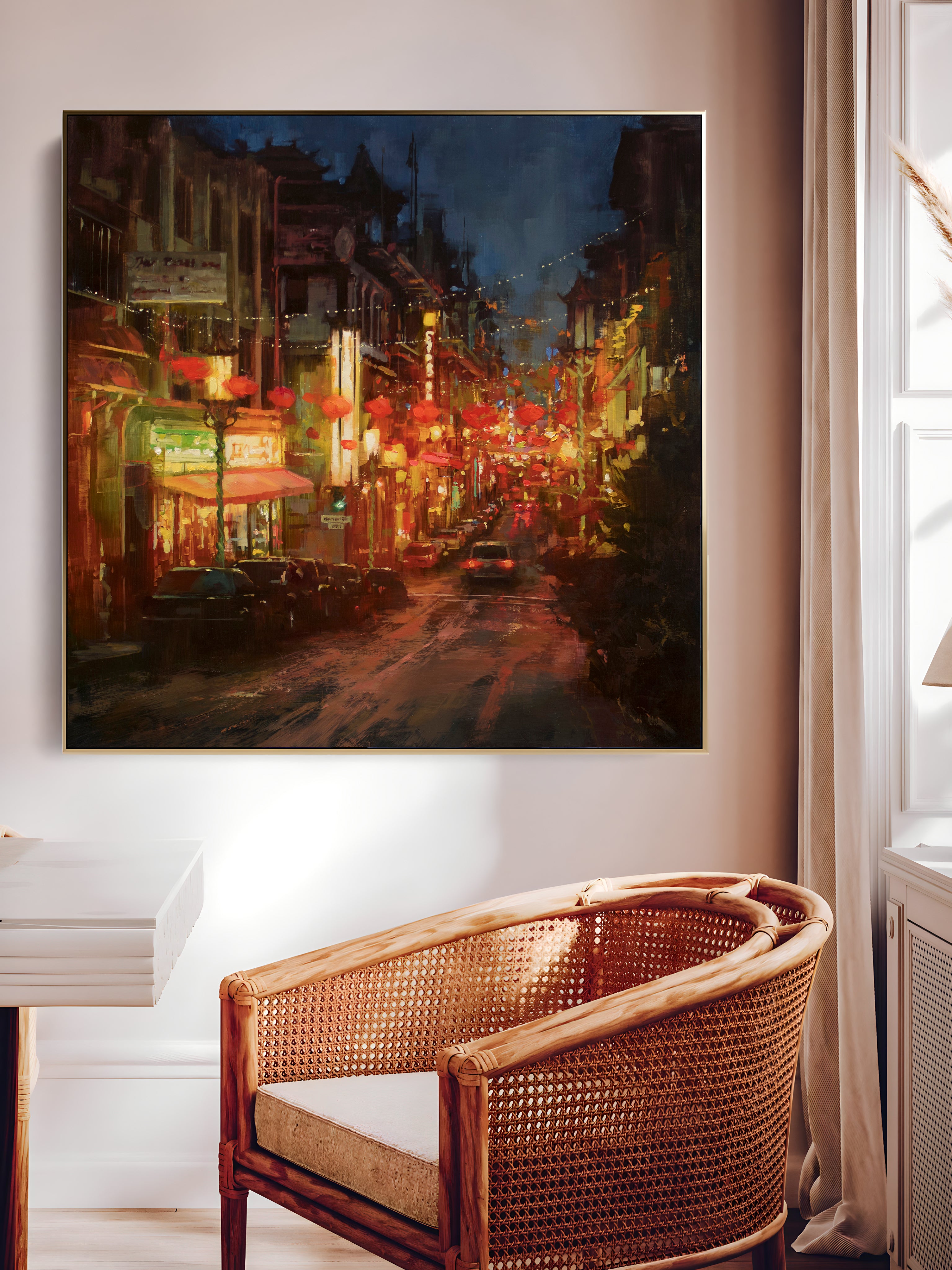 a painting of a city street at night