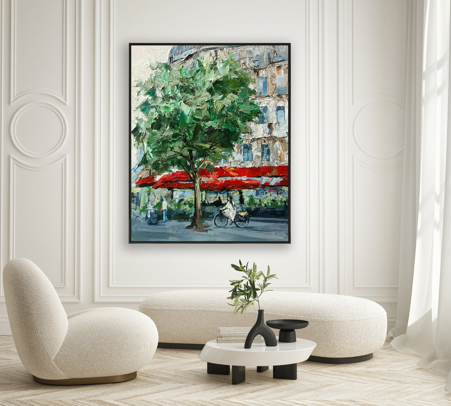 a painting of a tree in a living room