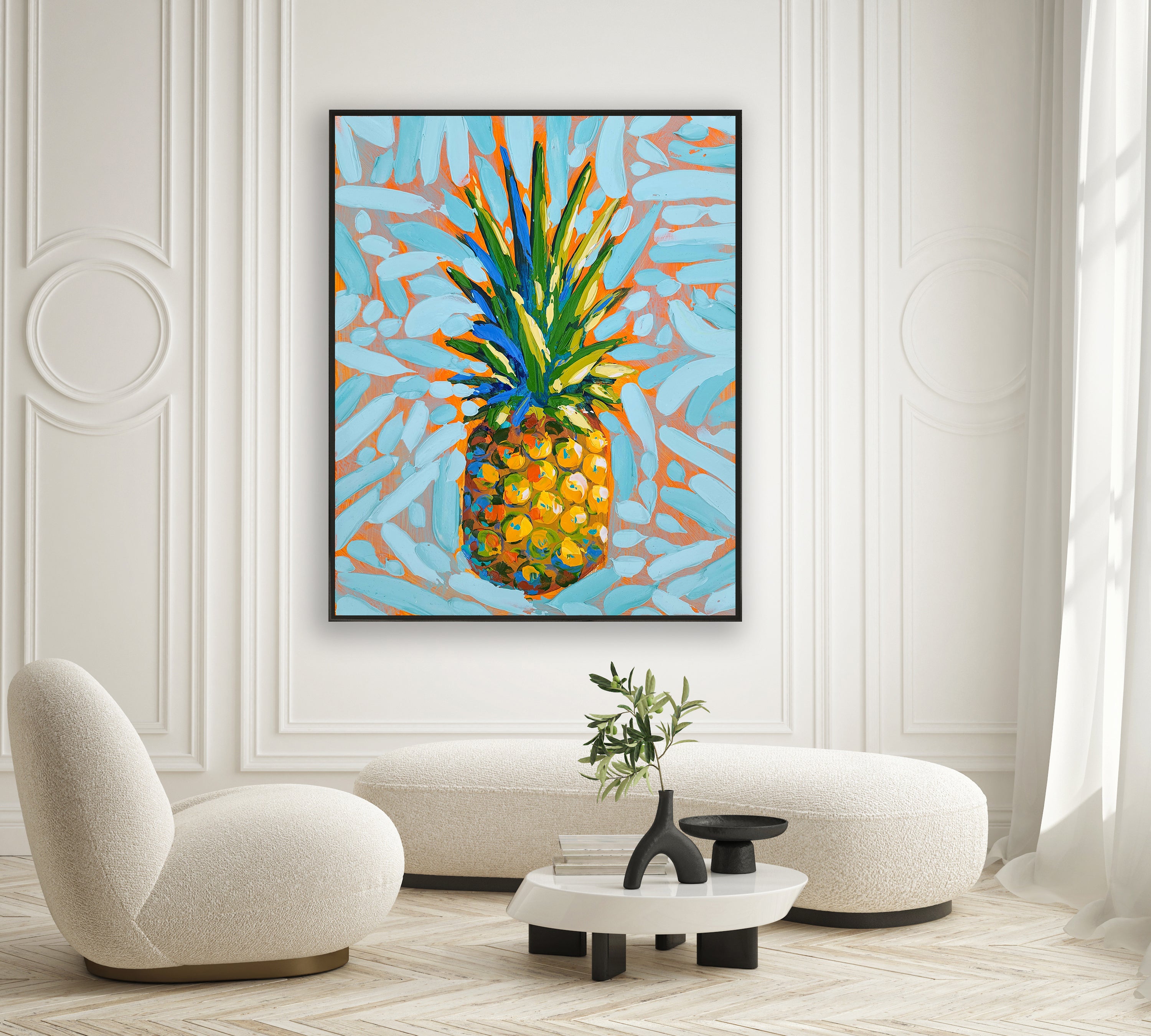 a painting of a pineapple on a white wall