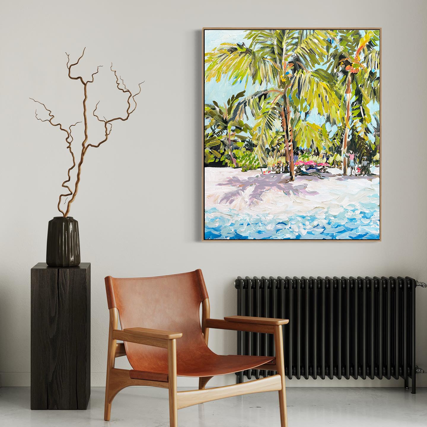 a painting of a beach with palm trees