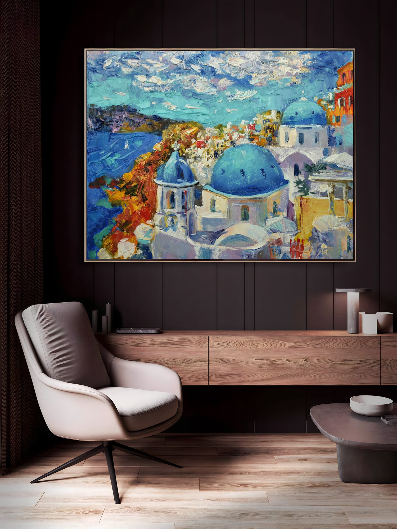 a painting of a blue domed building in a living room