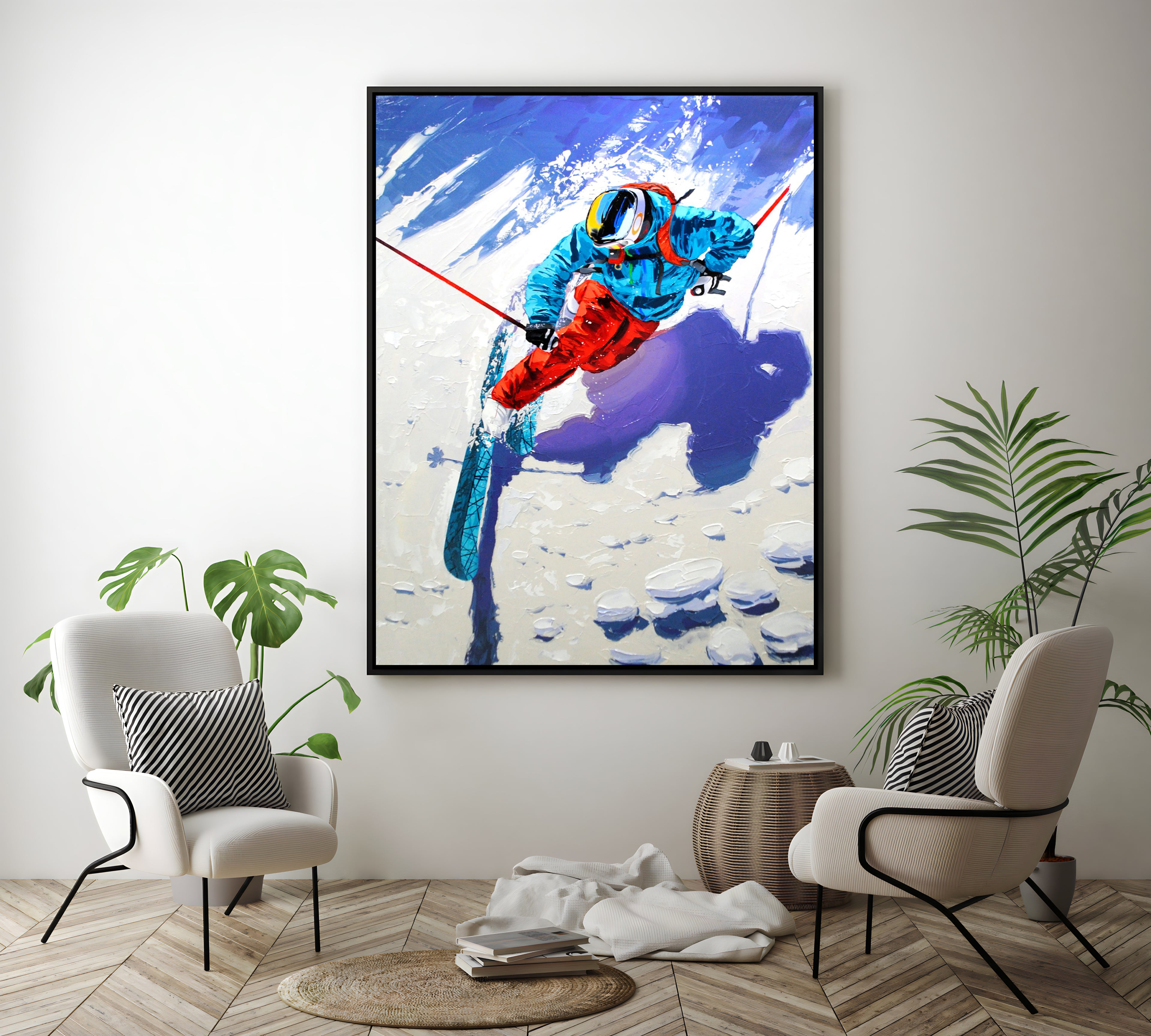 a painting of a skier is hanging on the wall