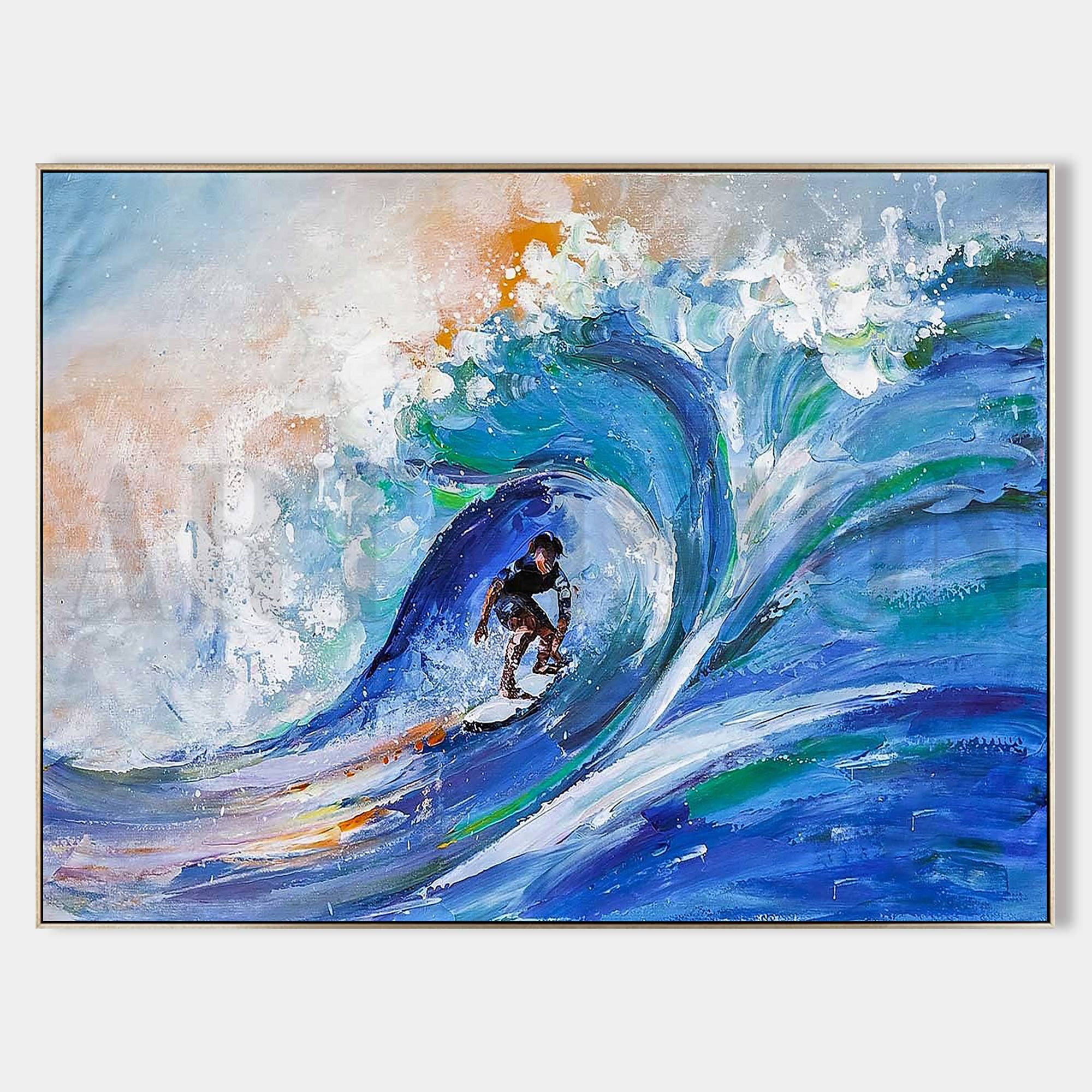 a painting of a man riding a wave on a surfboard