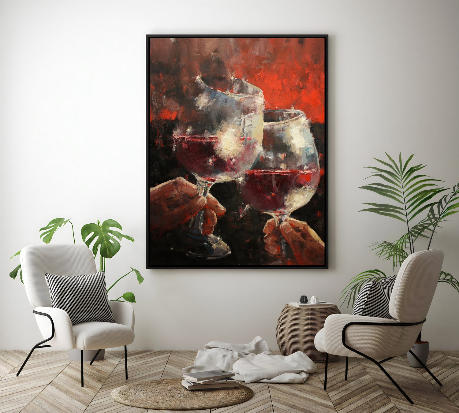 a painting of two people holding glasses of wine