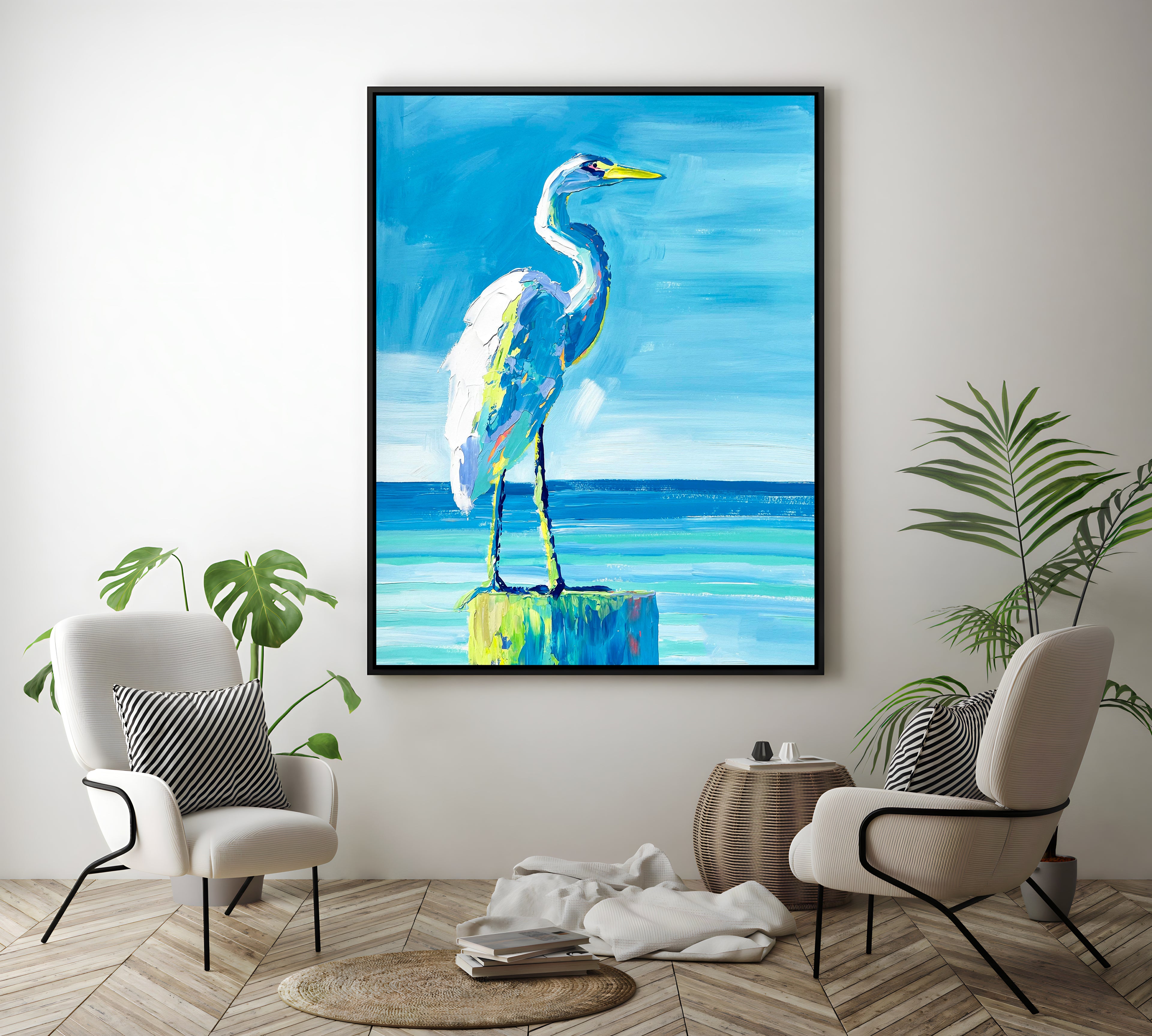 a painting of a blue heron on a wall