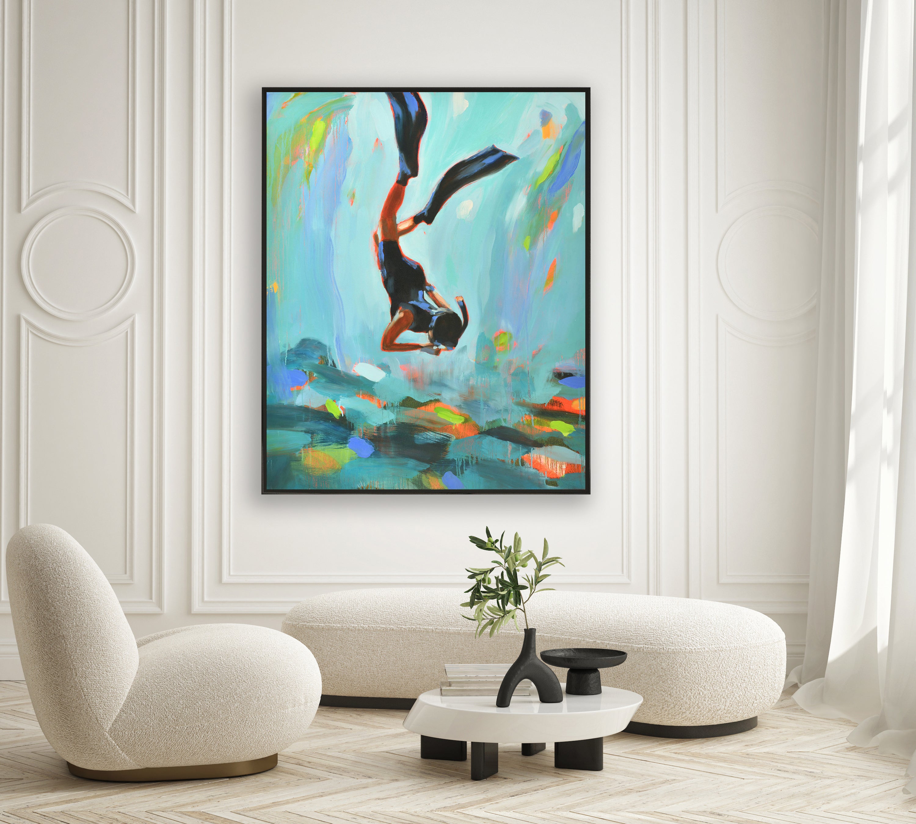 a painting of a woman diving into the water