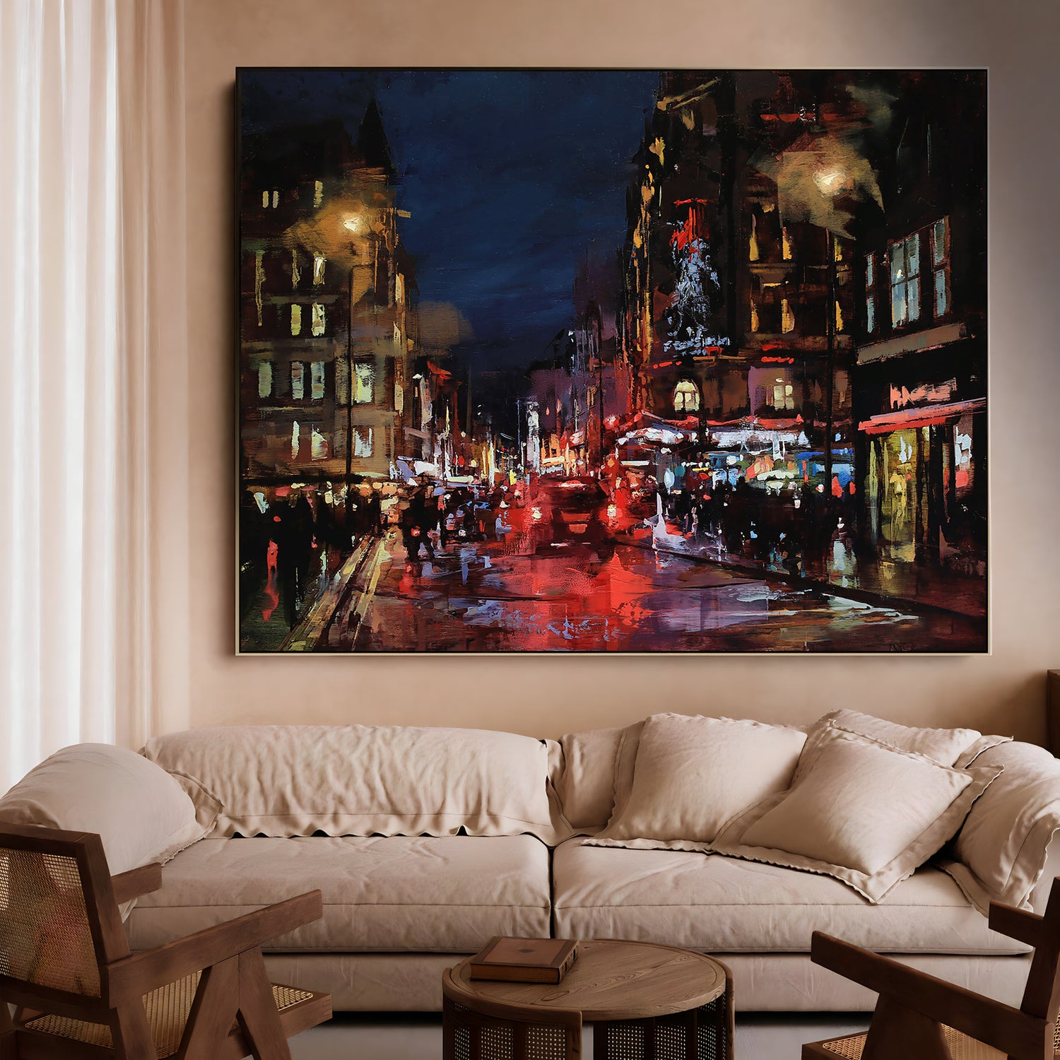 a painting of a city street at night