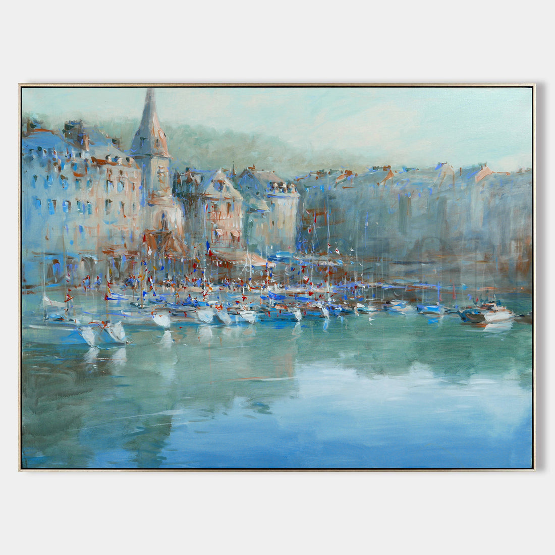 a painting of a harbor filled with boats