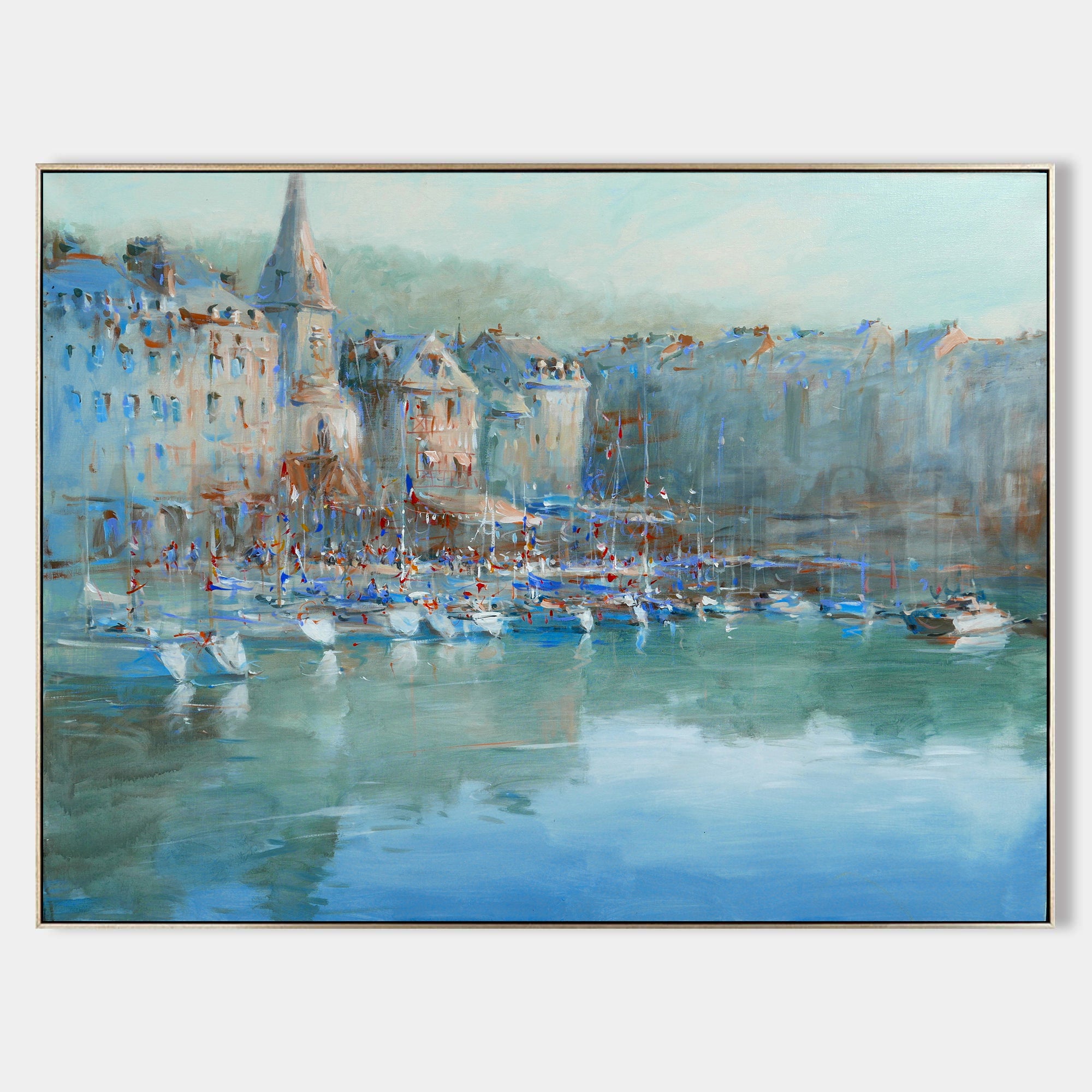 a painting of a harbor filled with boats