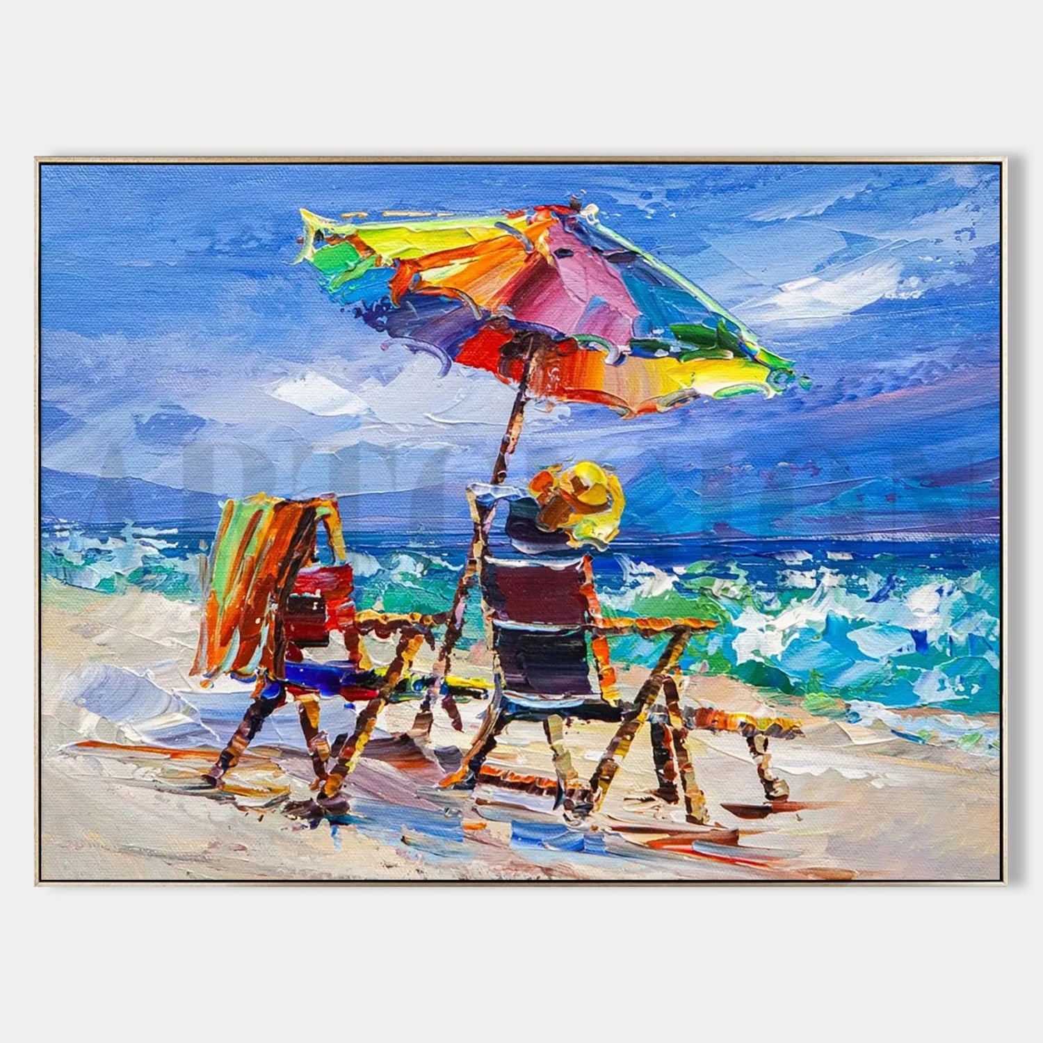 a painting of two people sitting under an umbrella on the beach