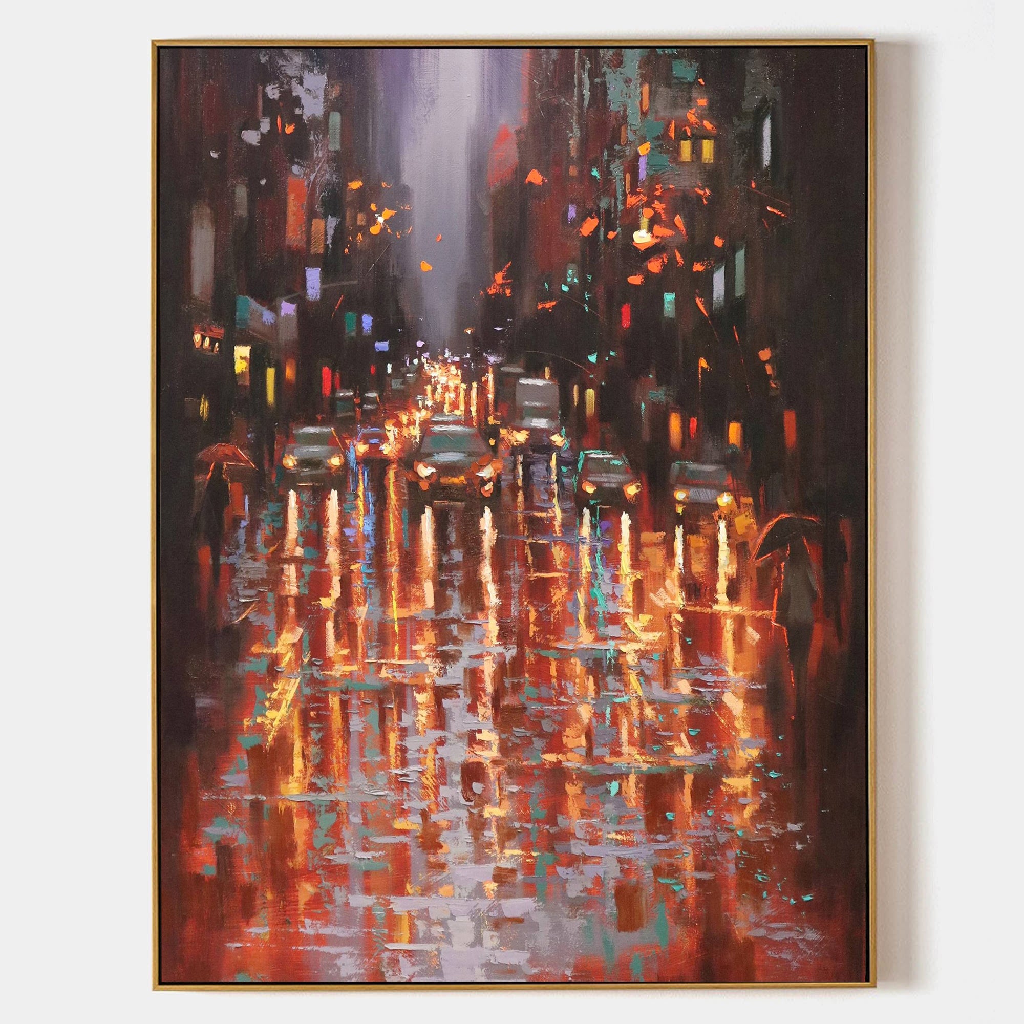 a painting of a city street at night