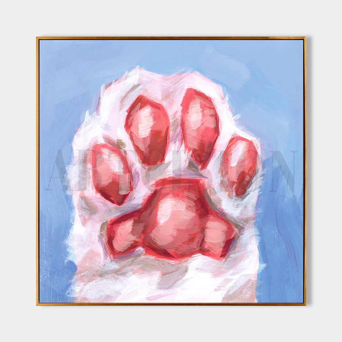 a painting of a red and white paw print