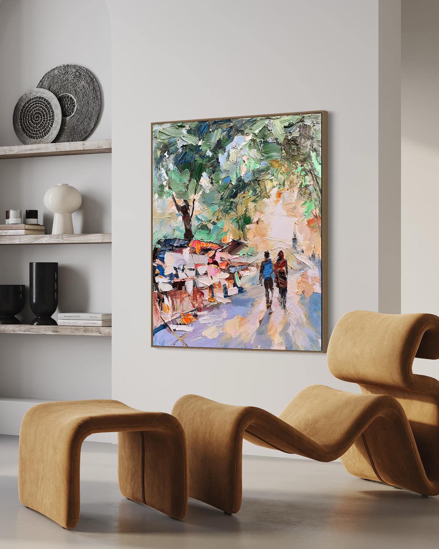 a painting hanging on the wall of a living room