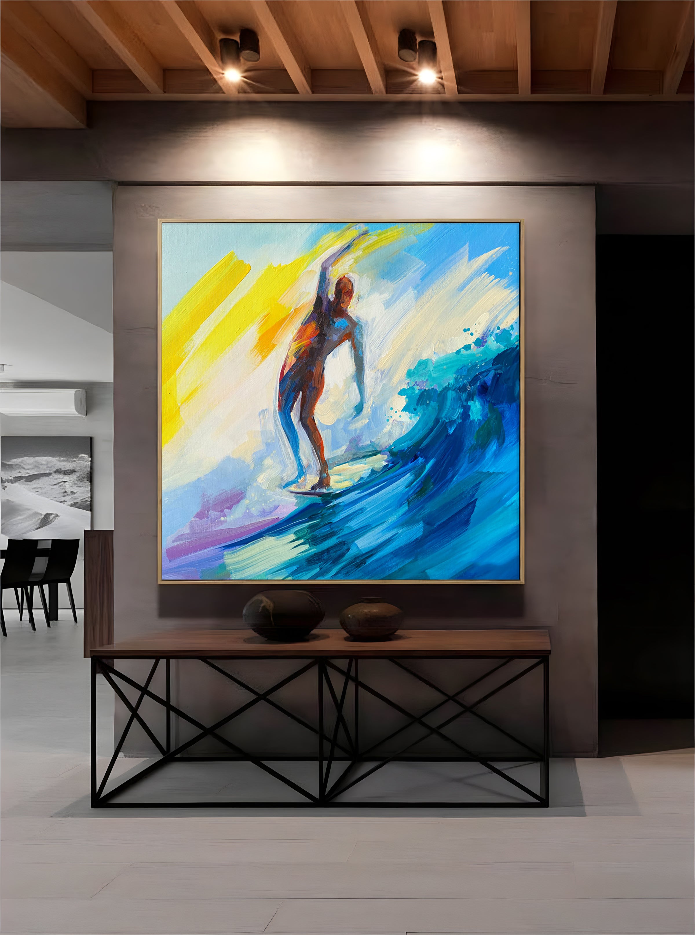 a painting of a person surfing on a wave