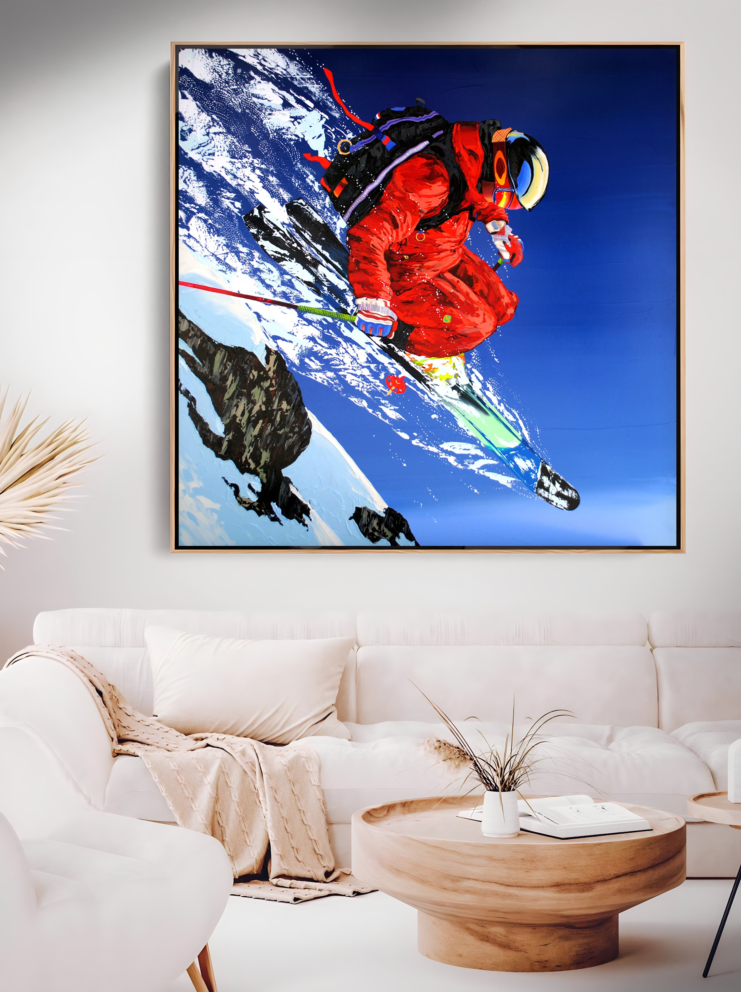 a painting of a person on a snowboard in a living room