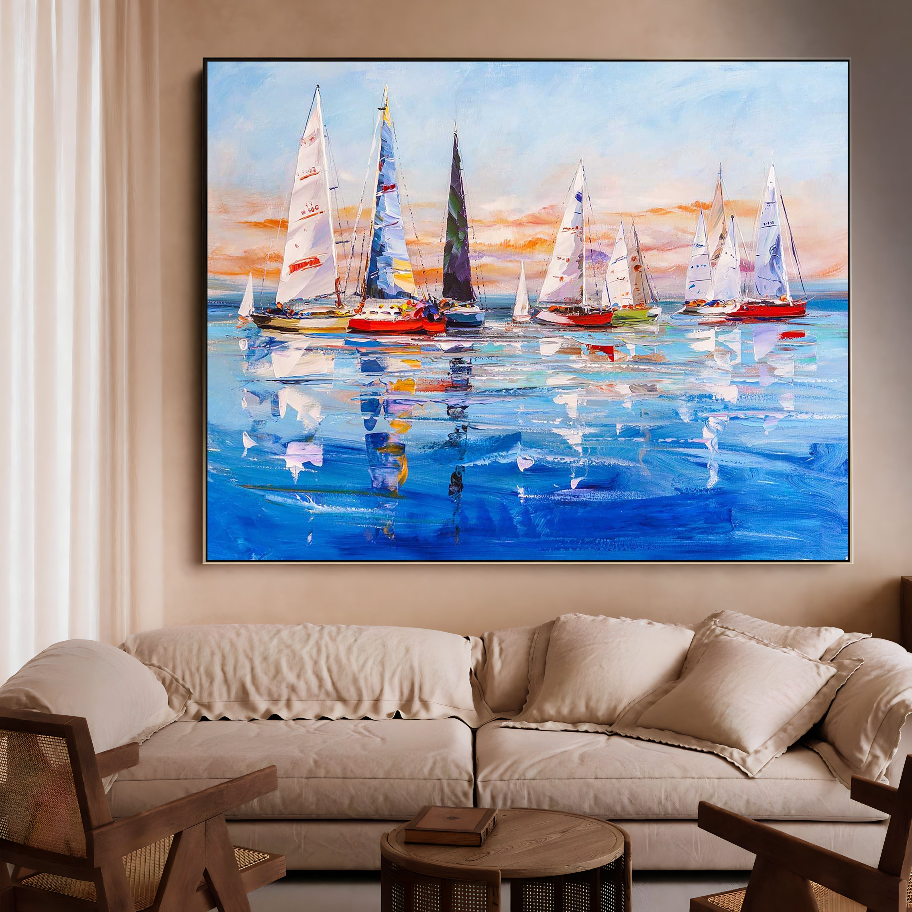 a painting of sailboats in the water