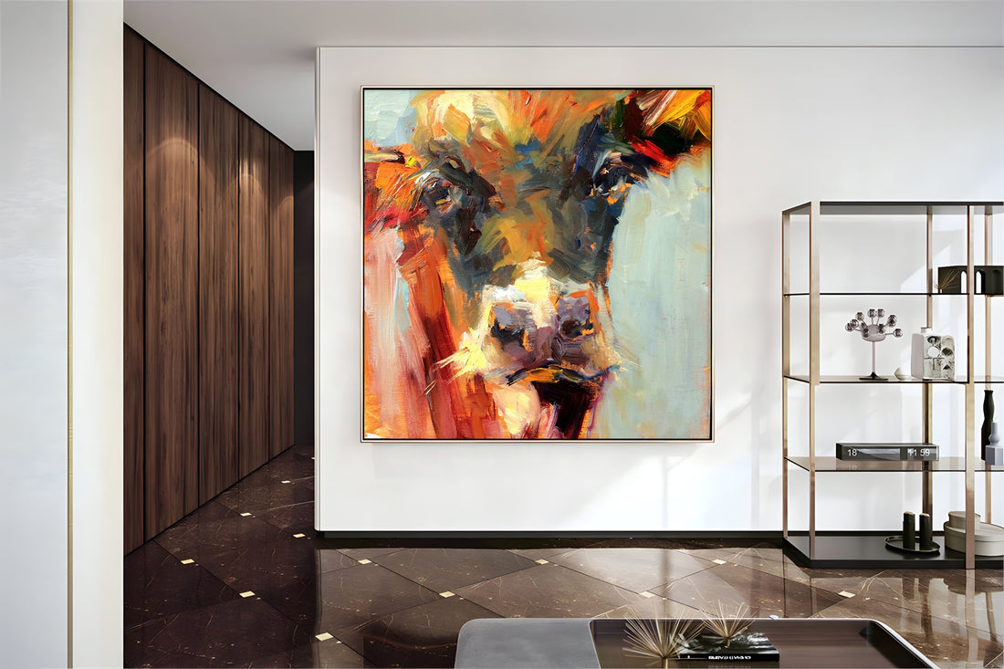 a painting of a cow in a room