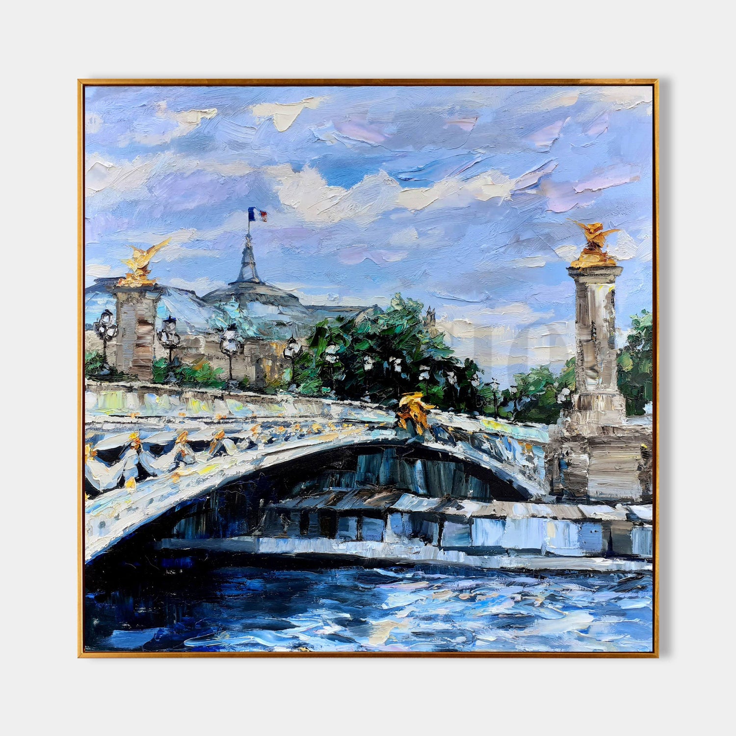 a painting of a bridge over a river