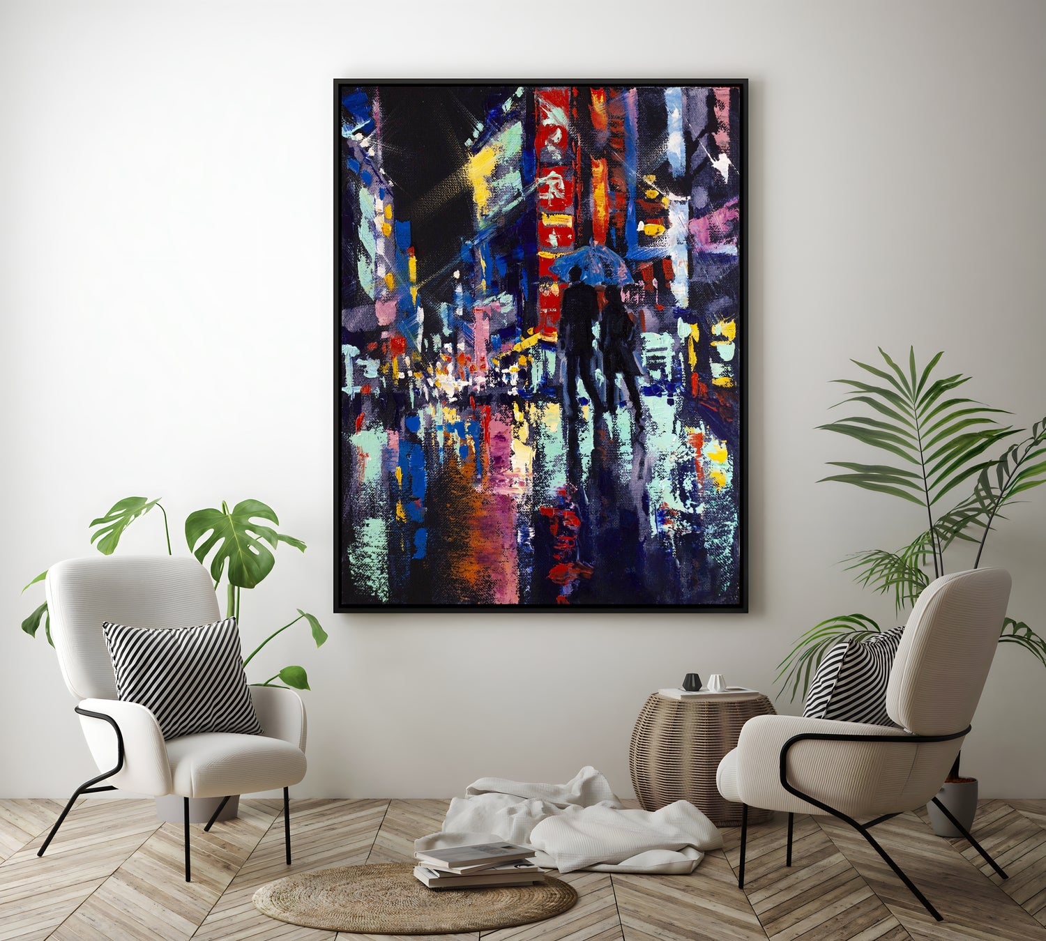 a painting of a city street at night