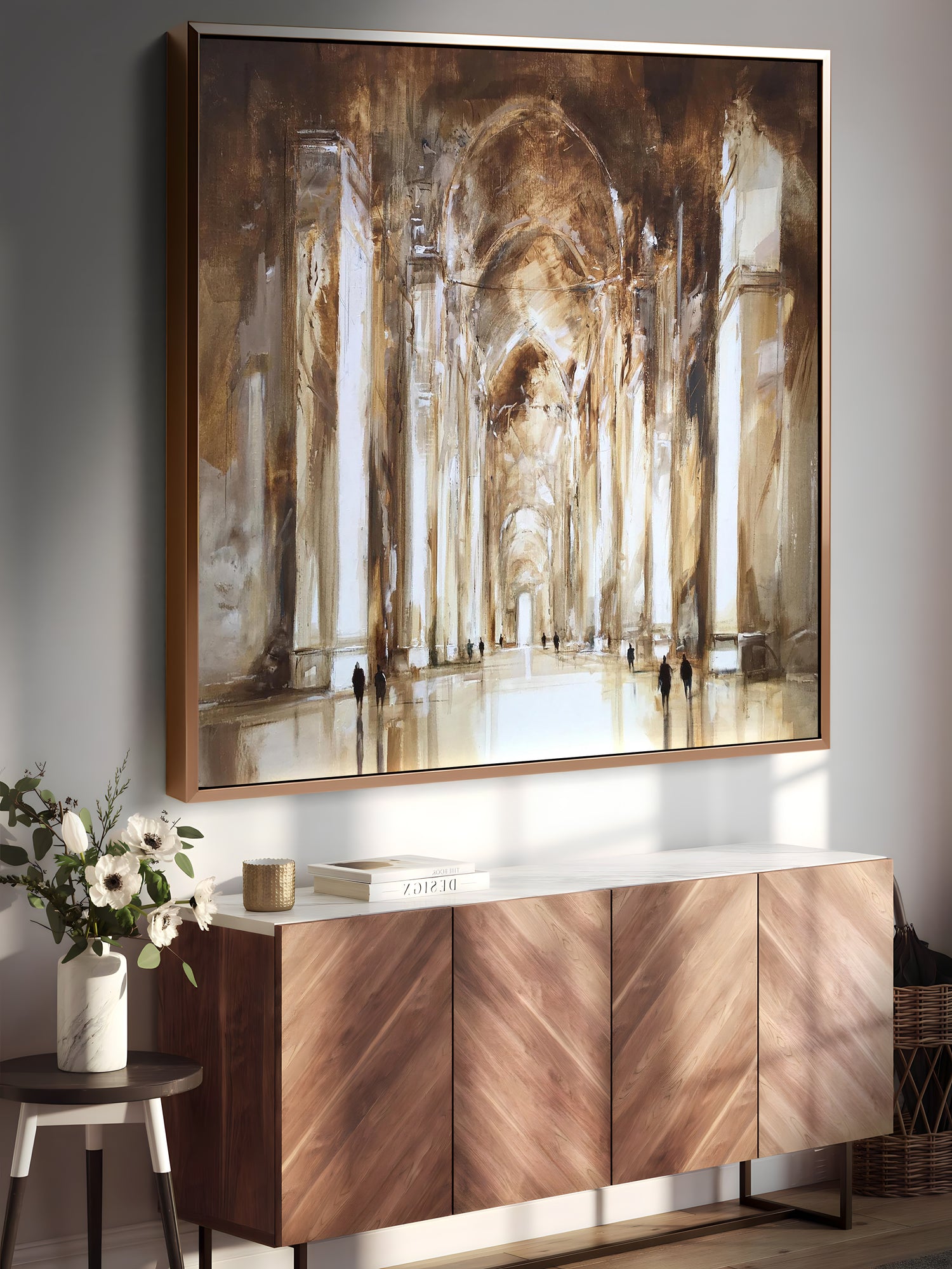 a painting hanging on a wall above a sideboard